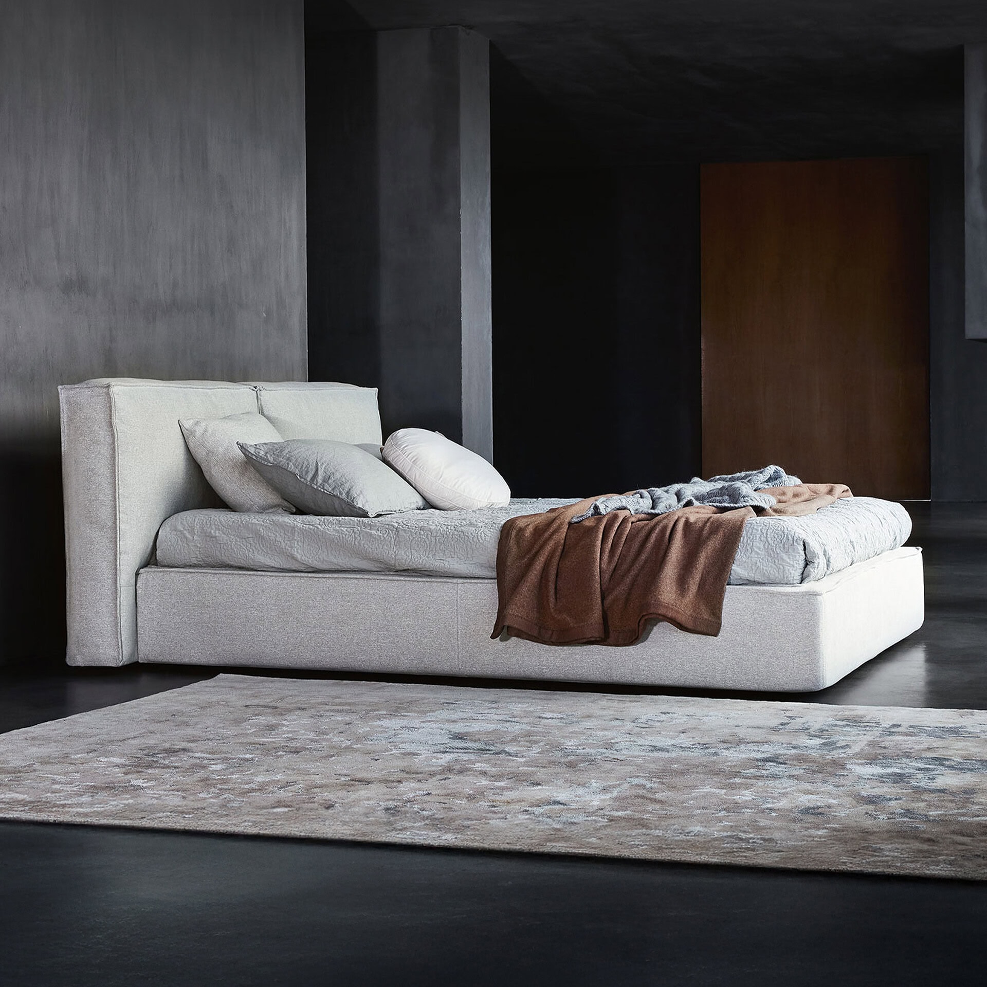 Upholstered Flann 2.0 platform bed with neutral tones, modern design, perfect for contemporary bedro.