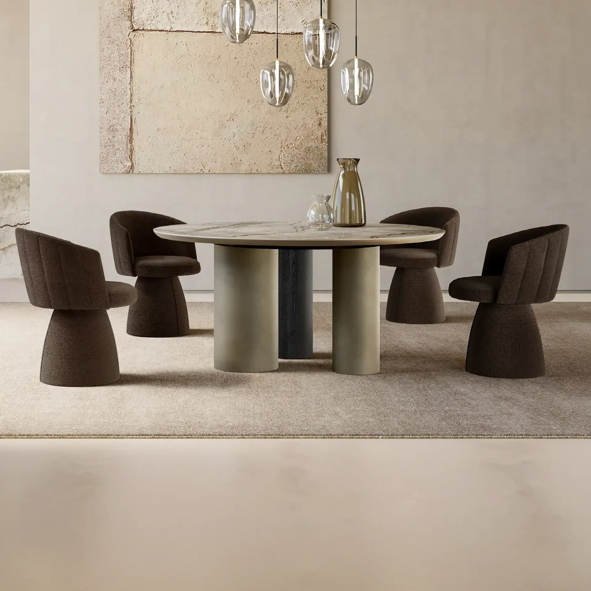 A modern dining room with a round marble-top table, dark brown upholstered chairs, and four glass pendant lights over a beige rug.