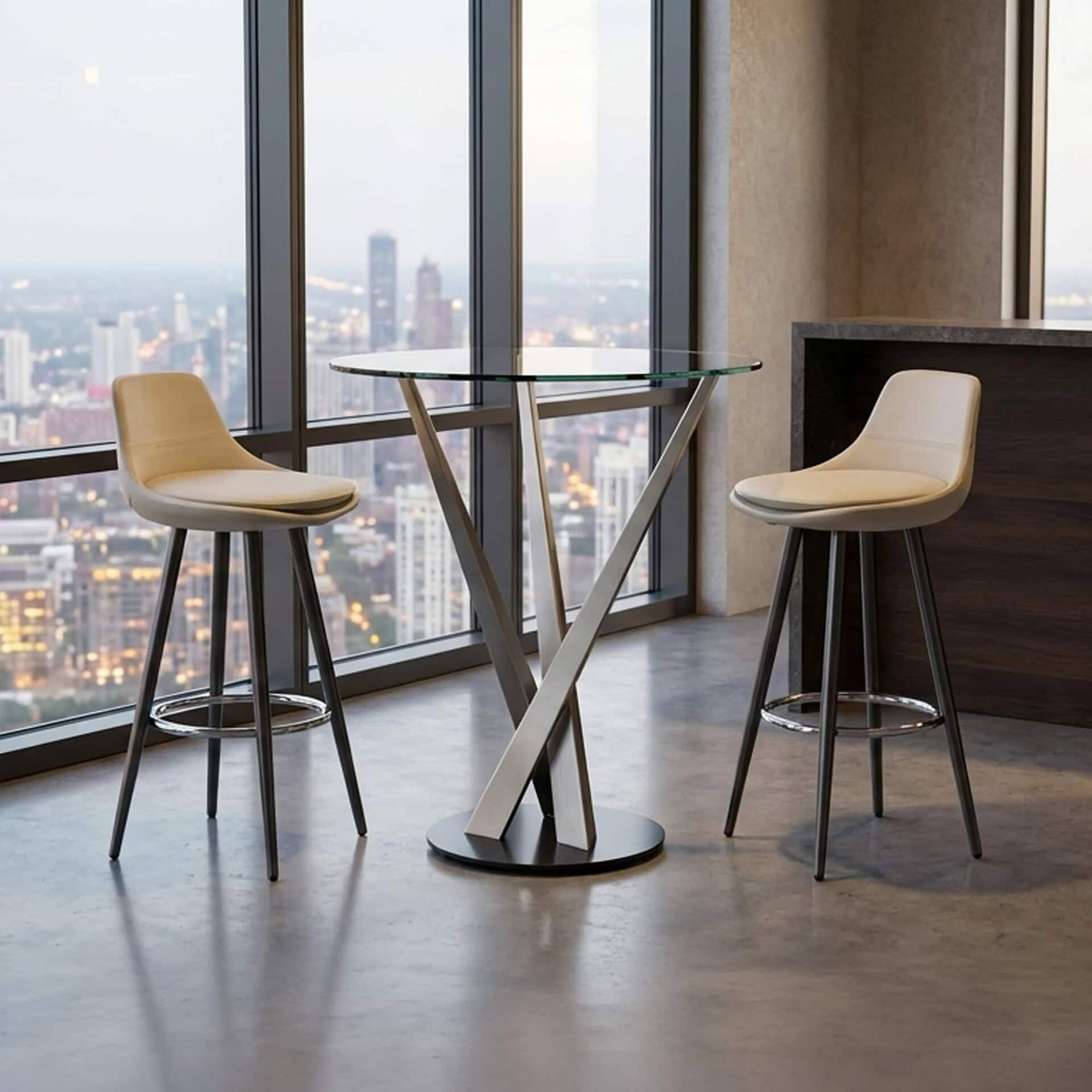Modern crystal sculptural pub table with two bar stools in a high-rise setting.