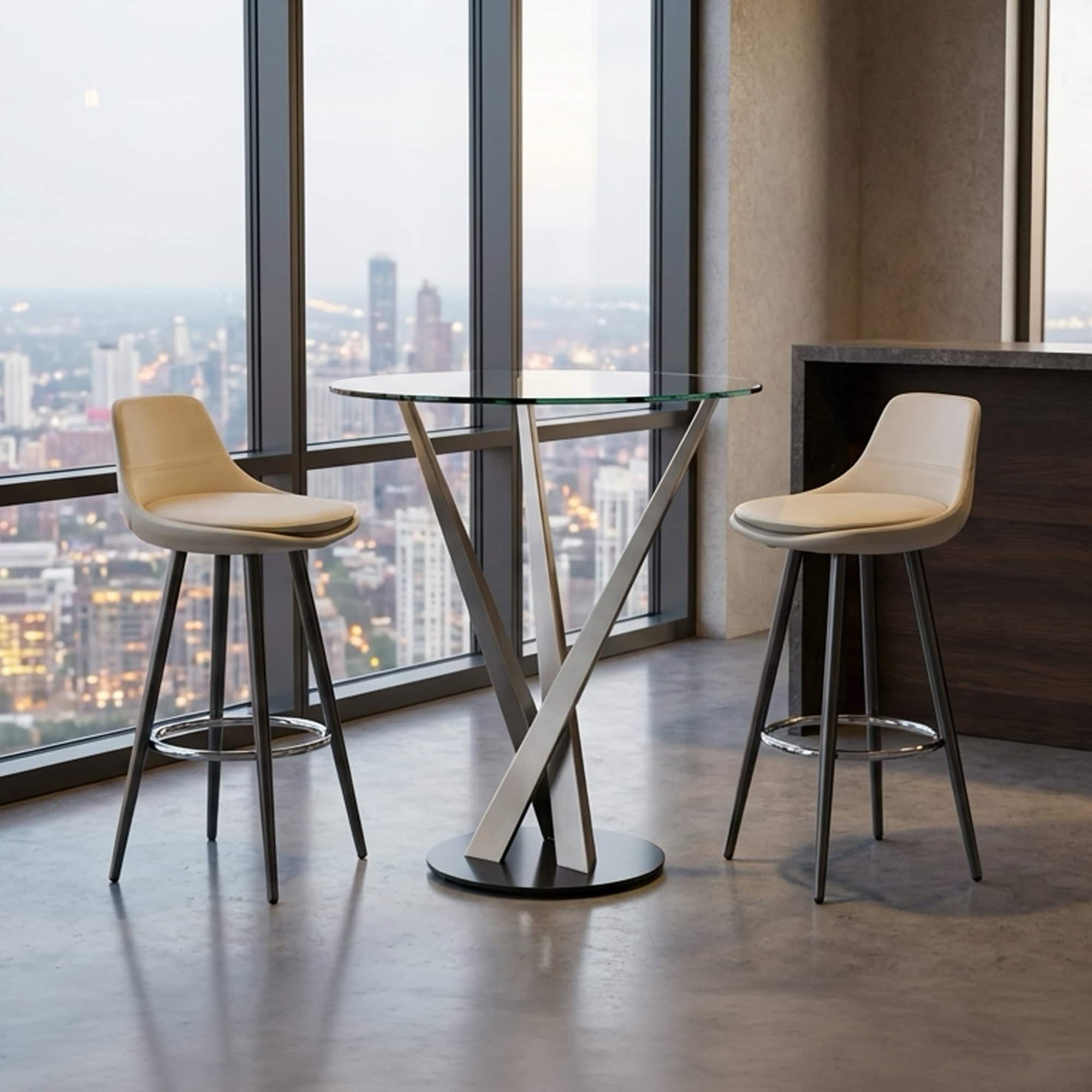 Modern crystal sculptural pub table with two bar stools in a high-rise setting.