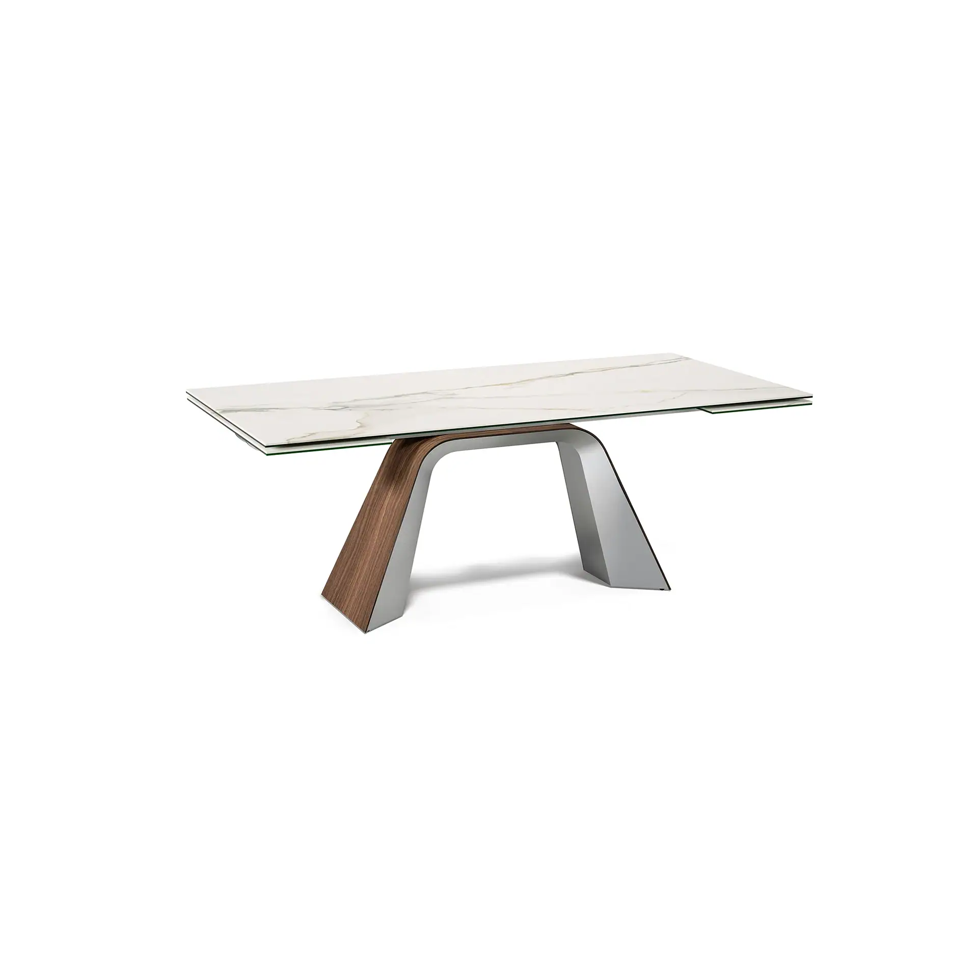 Modern rectangular dining table with a white marble-patterned top, a clear glass layer, and a curved base made of dark wood and silver metal.