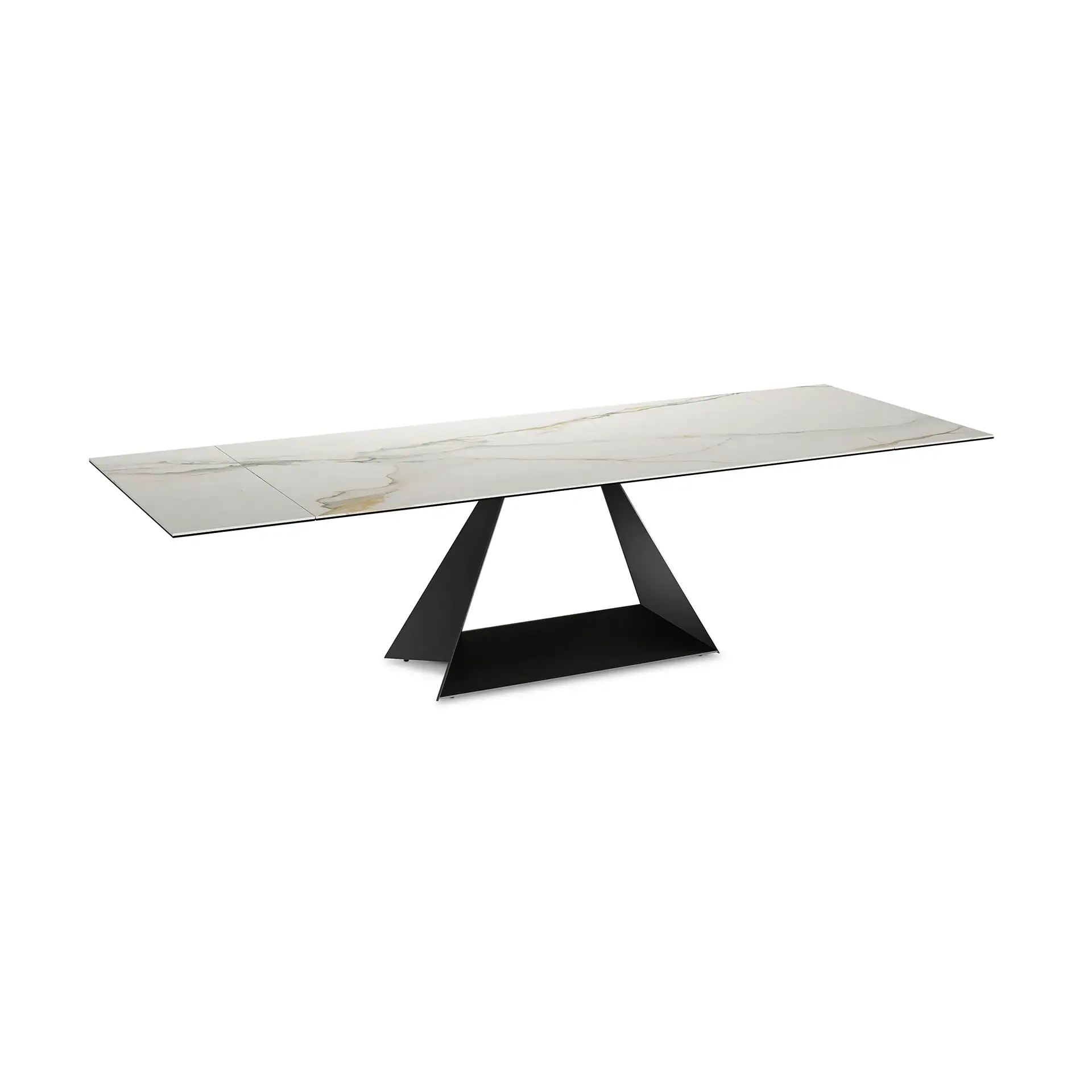 A modern rectangular dining table with a white marble-patterned top and a black geometric metal base, set against a white background.