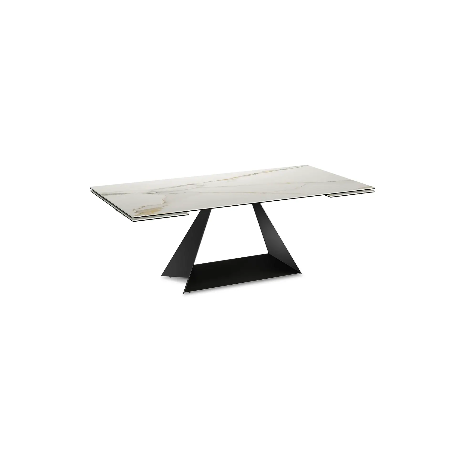 Modern rectangular dining table with a white marble-look top and a black geometric metal base.