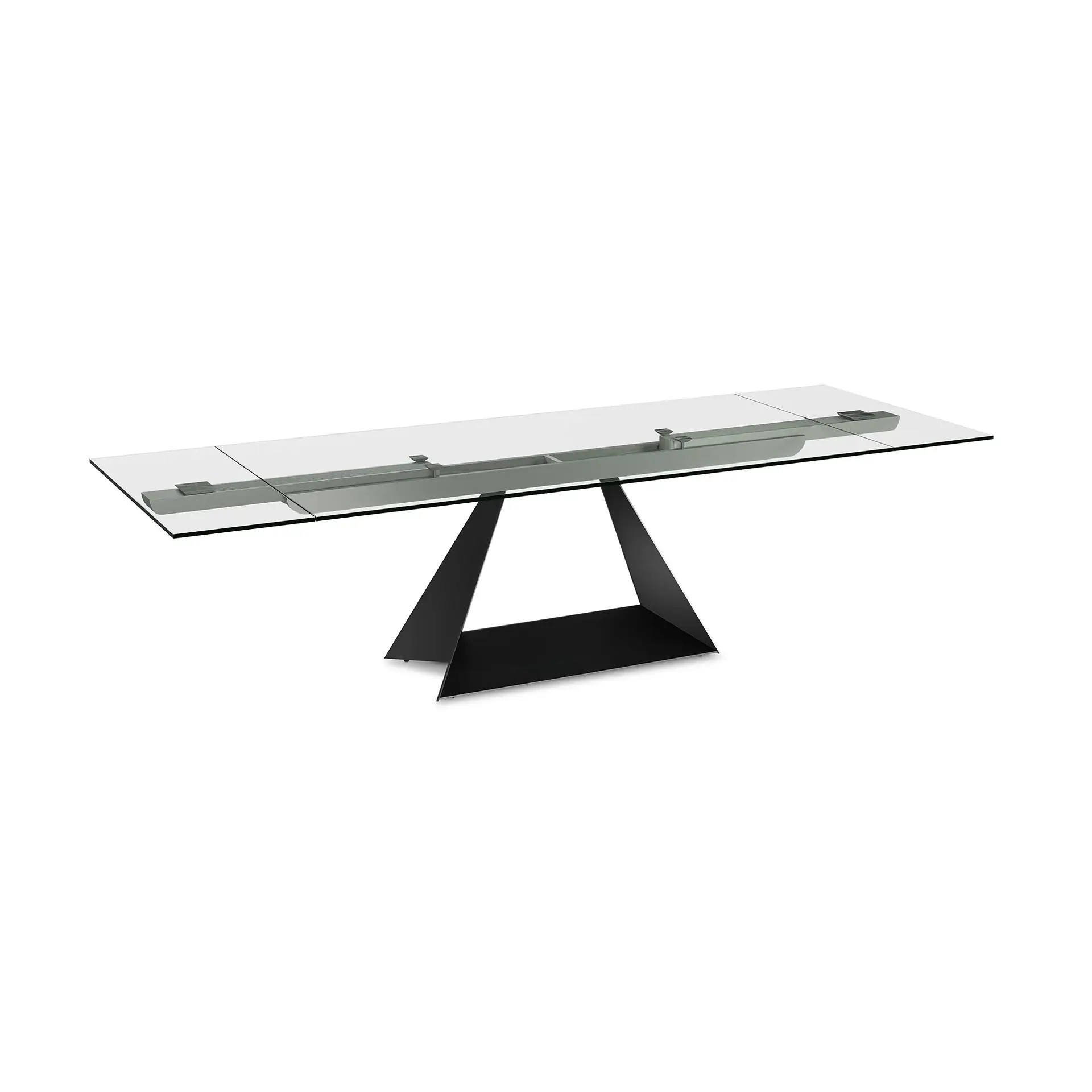 A modern rectangular glass dining table with a black geometric base on a white background.
