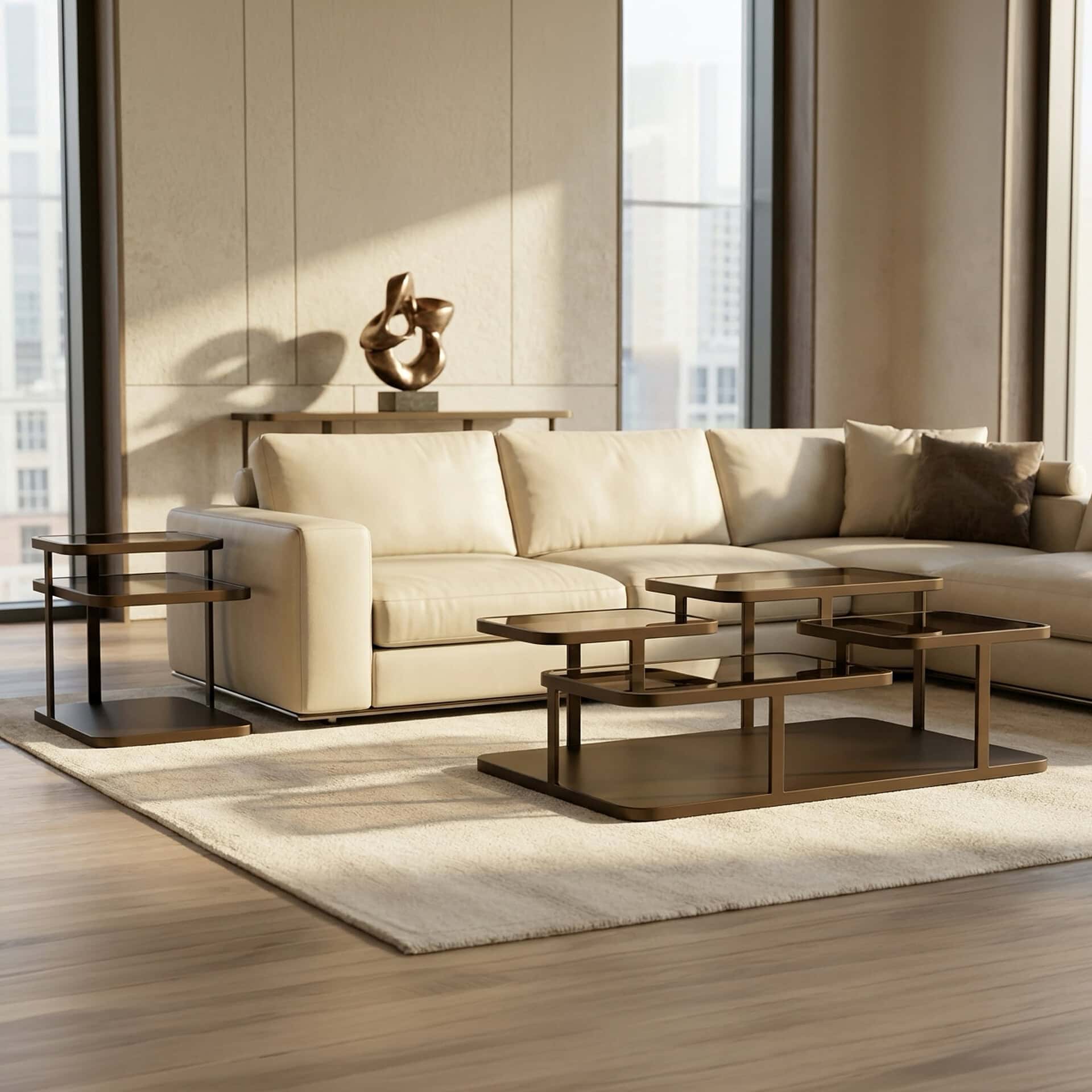 Elegant Quatro cocktail and end tables in a modern living room setting.