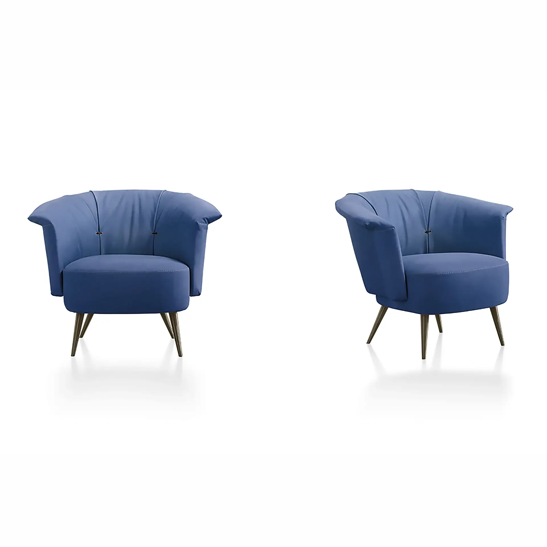 Two identical blue barrel armchairs with dark, tapered legs are shown against a white background, one from a front angle and the other from a slight side angle.