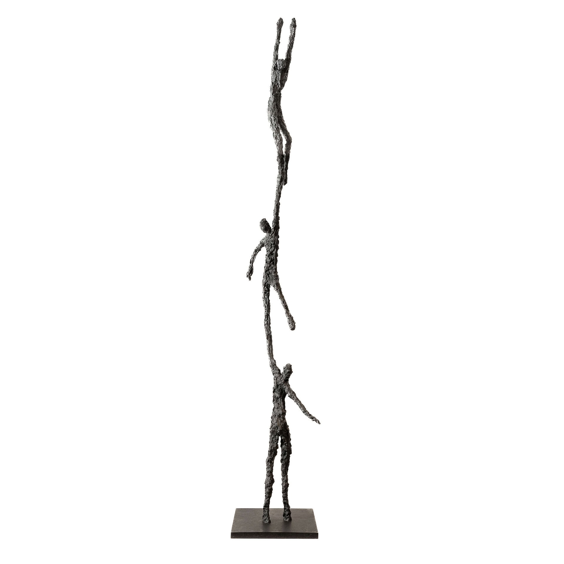 Bronze sculpture of a person climbing a tall, slender pole, emphasizing artistic craftsmanship.