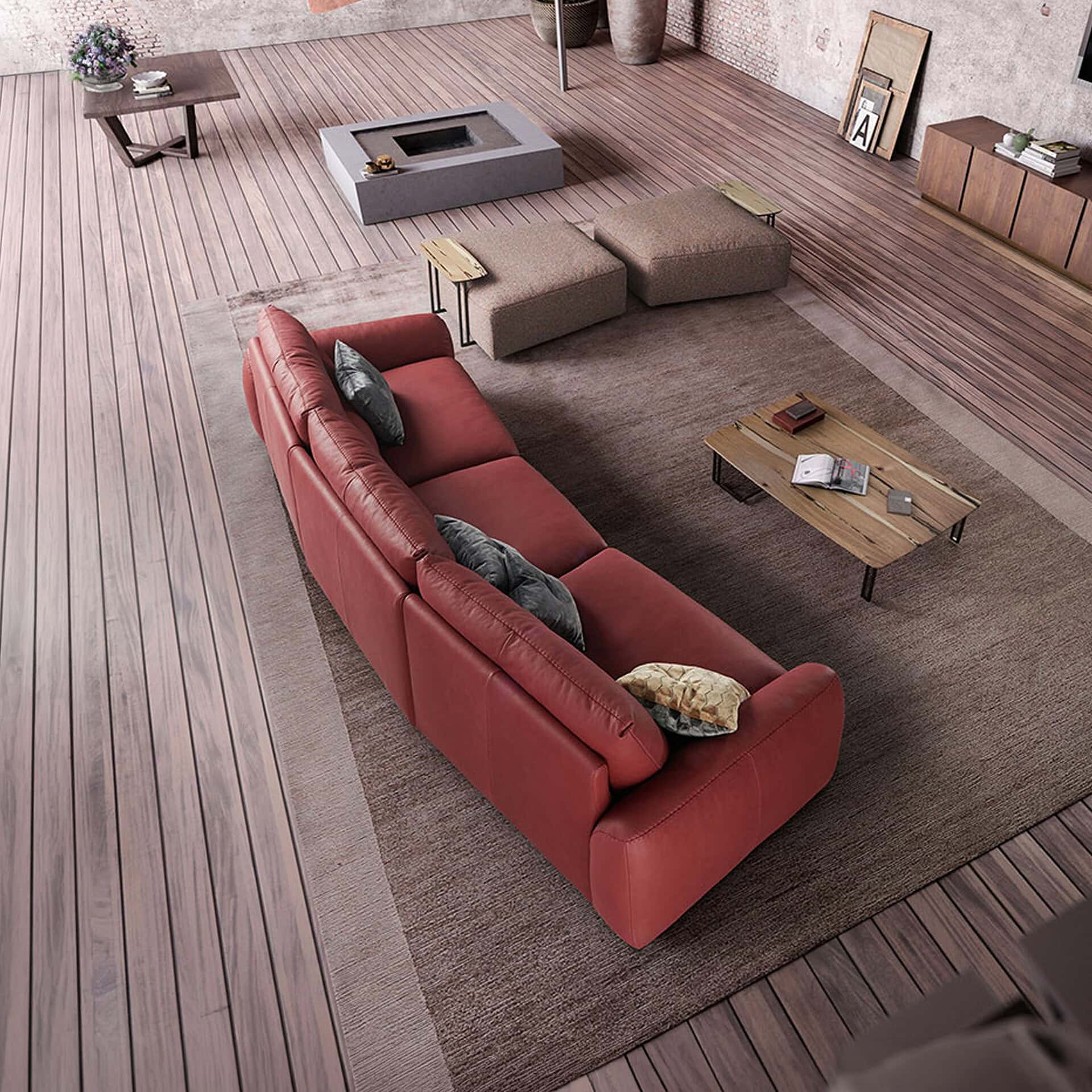 Modular sectional sofa with plush cushions in a modern living room setting.