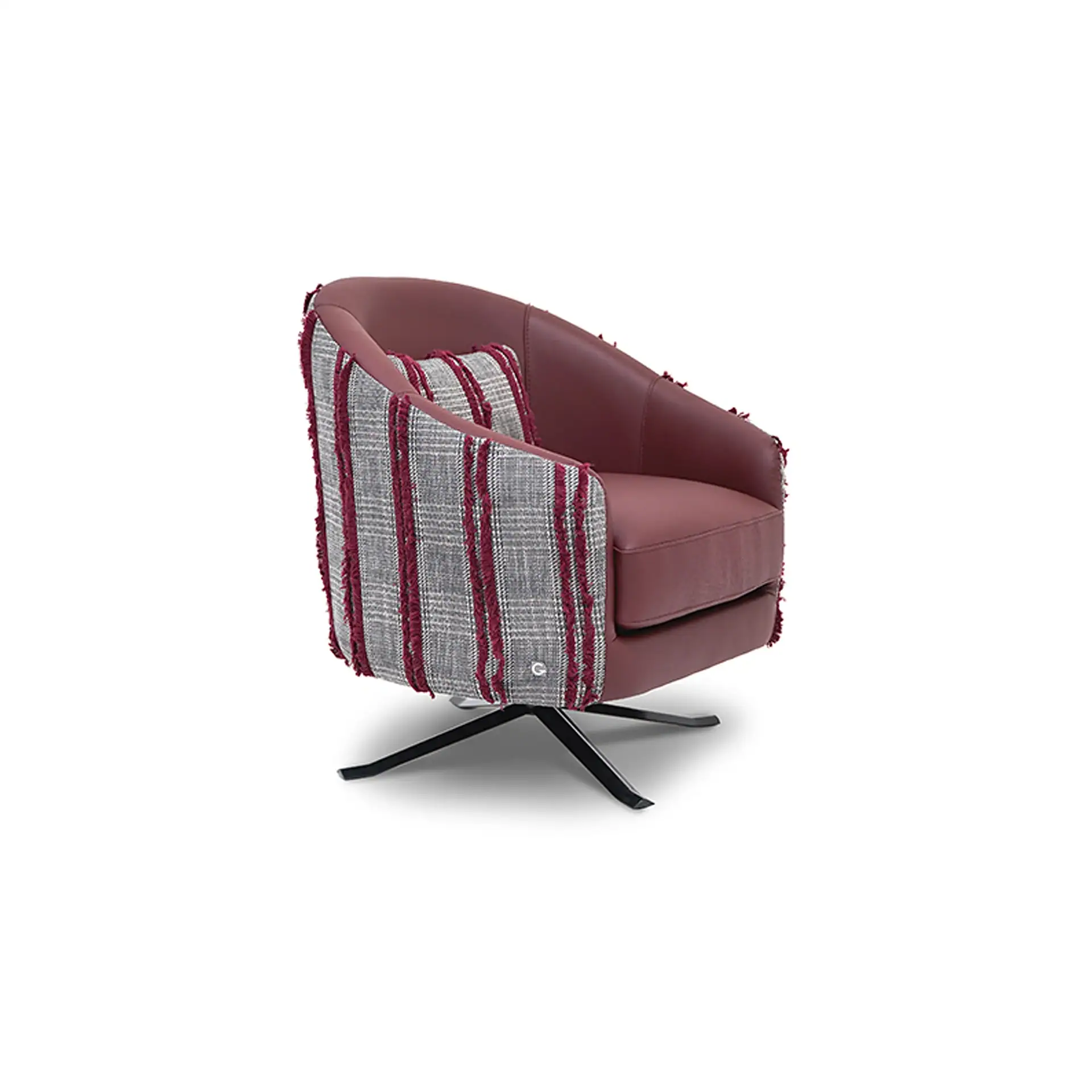 A modern burgundy swivel armchair with a grey and red plaid fringed fabric back and a matching pillow, set on a black metal base.