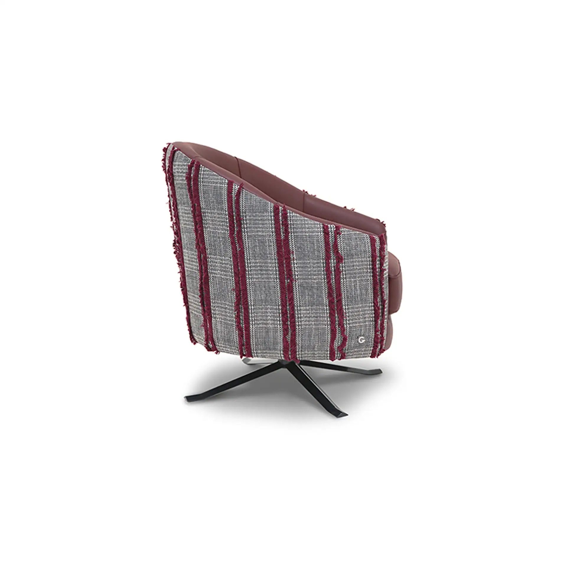 Modern swivel armchair with dark red inner upholstery and outer gray plaid fabric with fringed red stripes, on a black four-pronged base.