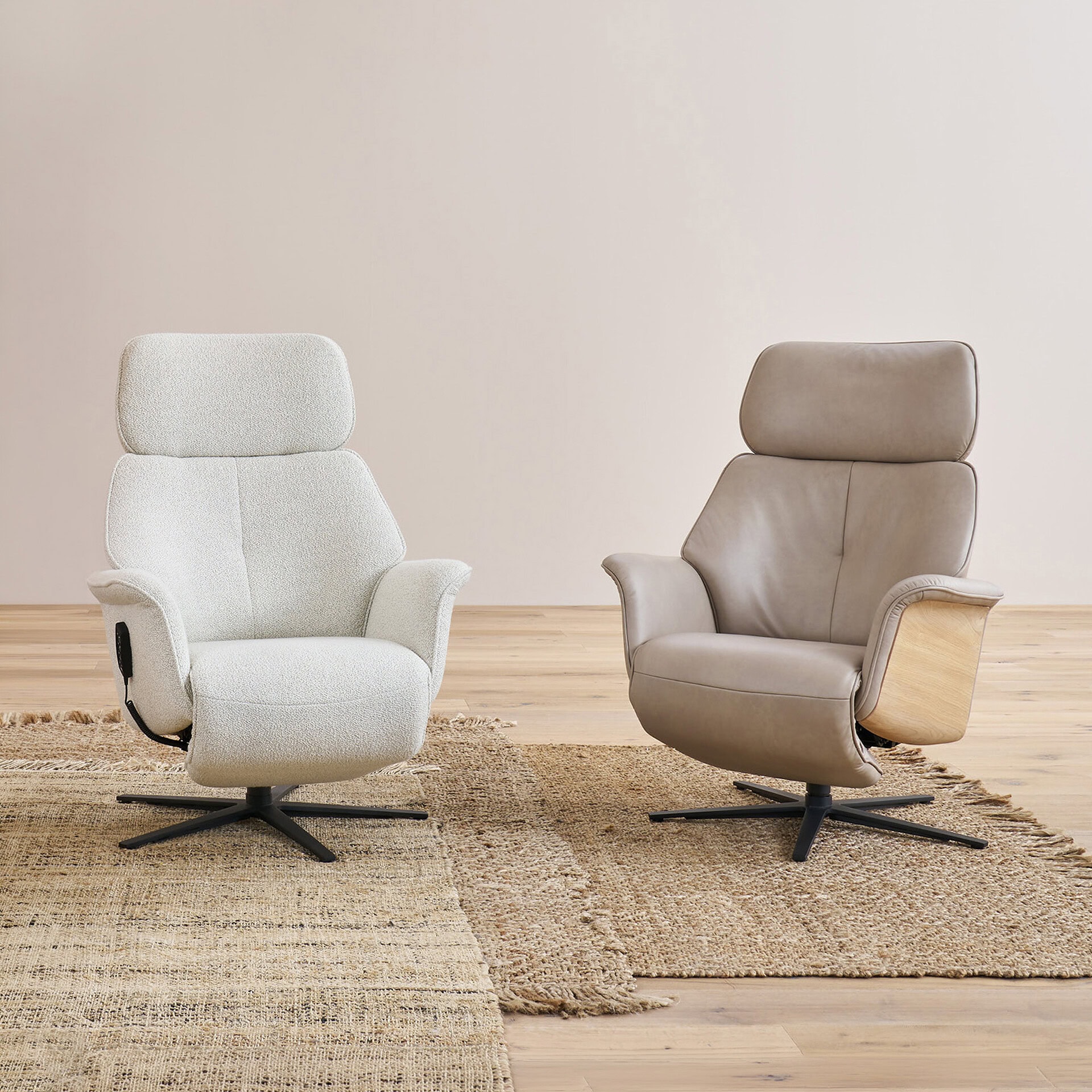 Modern Nautilus recliner chairs in neutral tones for stylish comfort.