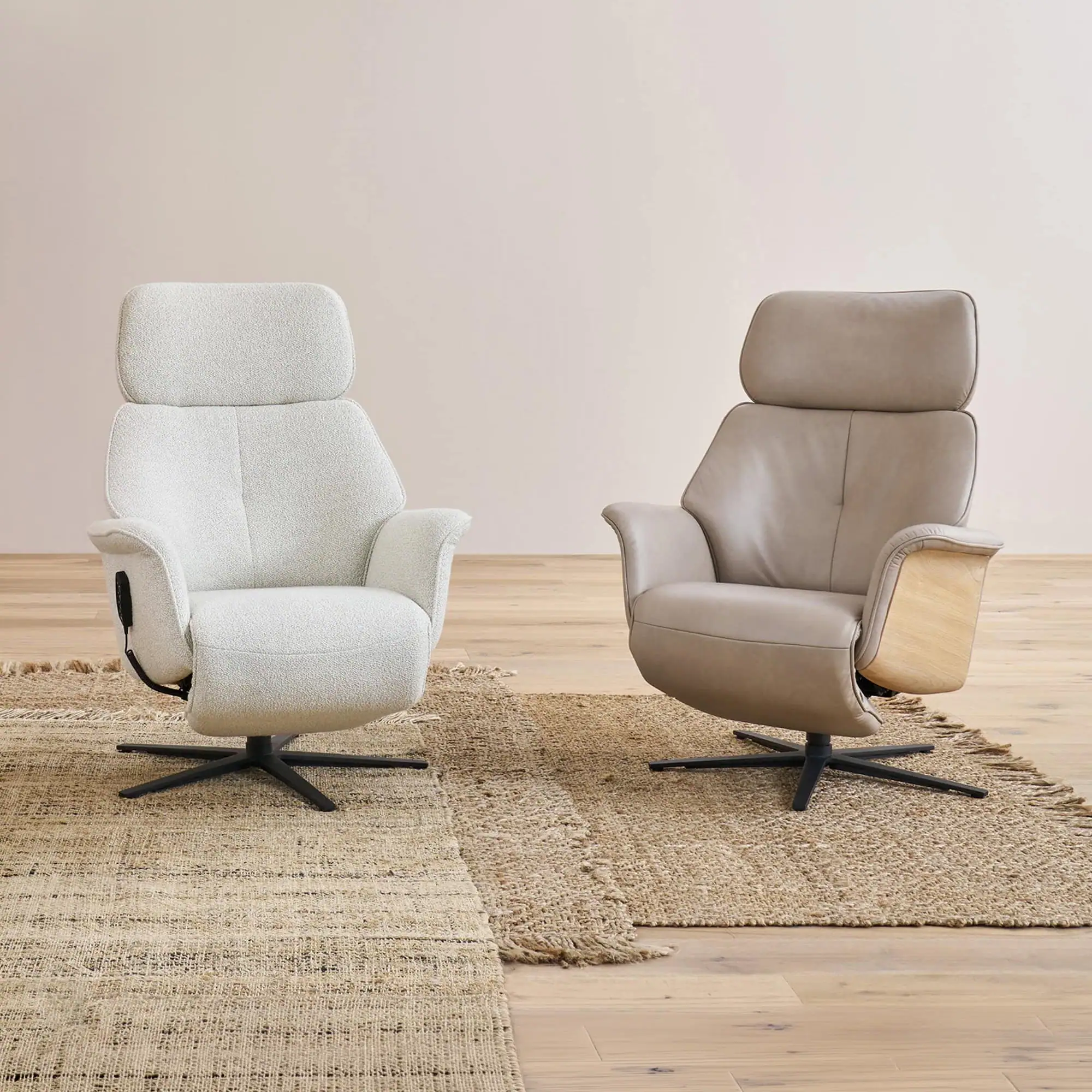 Modern Nautilus recliner chairs in neutral tones for stylish comfort.