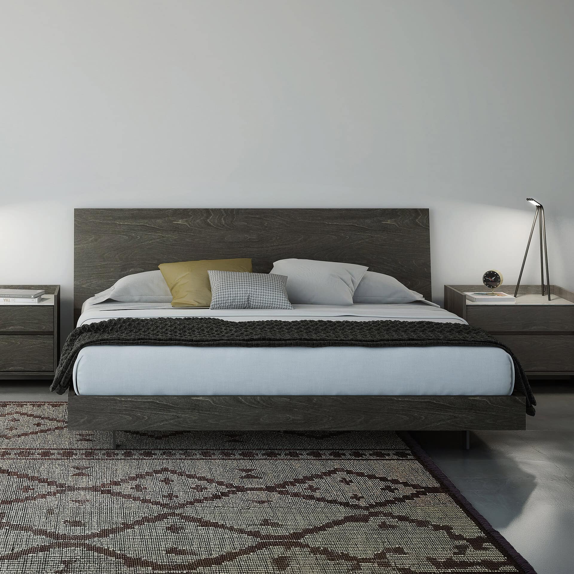 Elegant Bernard Wood platform bed with a sleek, modern design. Perfect for contemporary bedrooms.