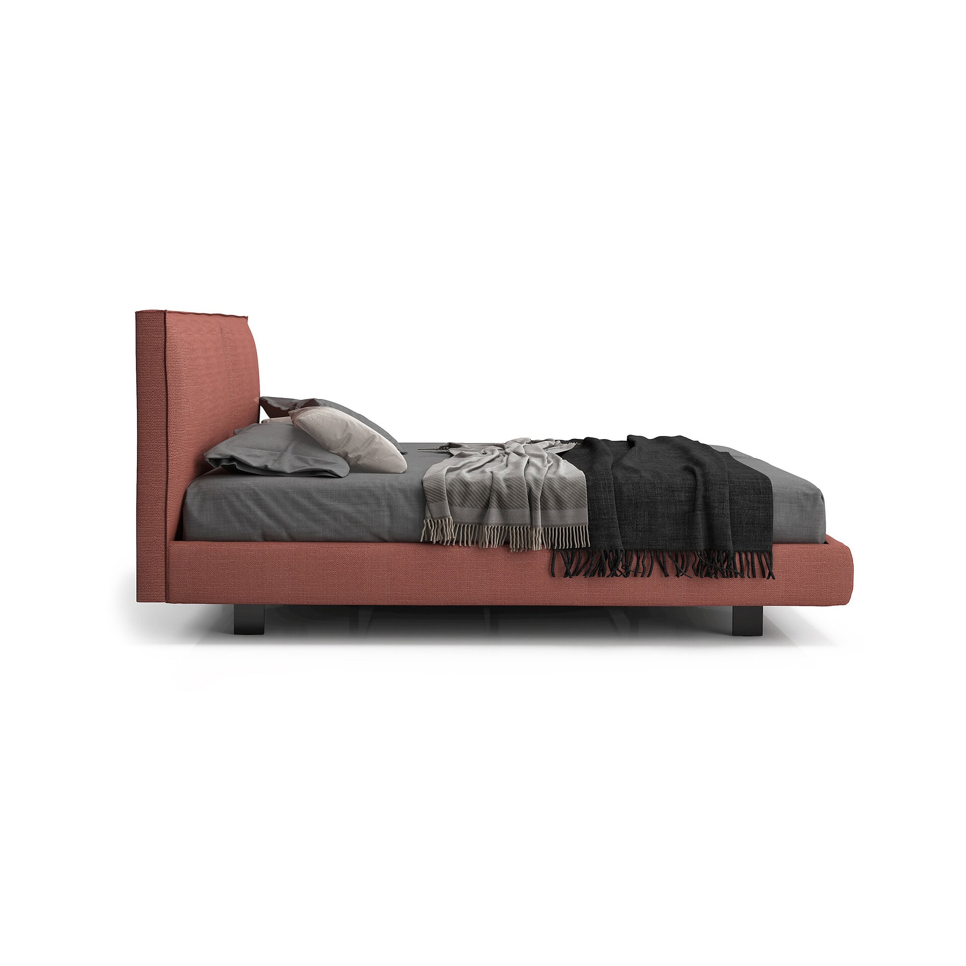 Elegant coral-colored Bernard Wood platform bed with gray bedding and throw blanket.