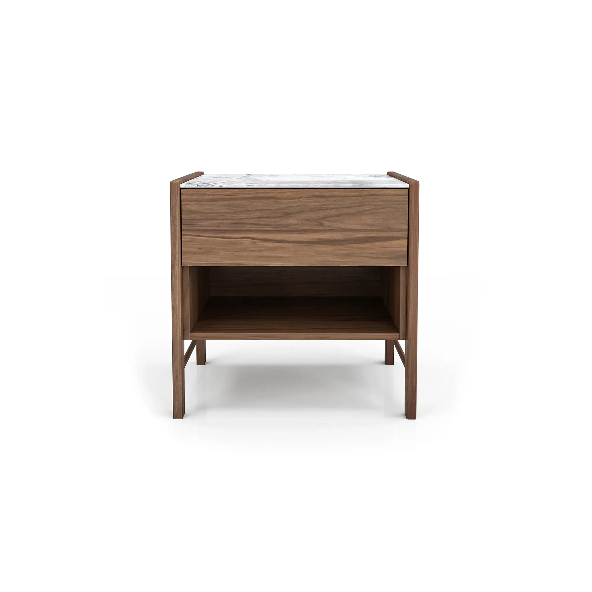 A modern walnut nightstand with a white marble top, a single drawer, and an open storage shelf, on a white background.