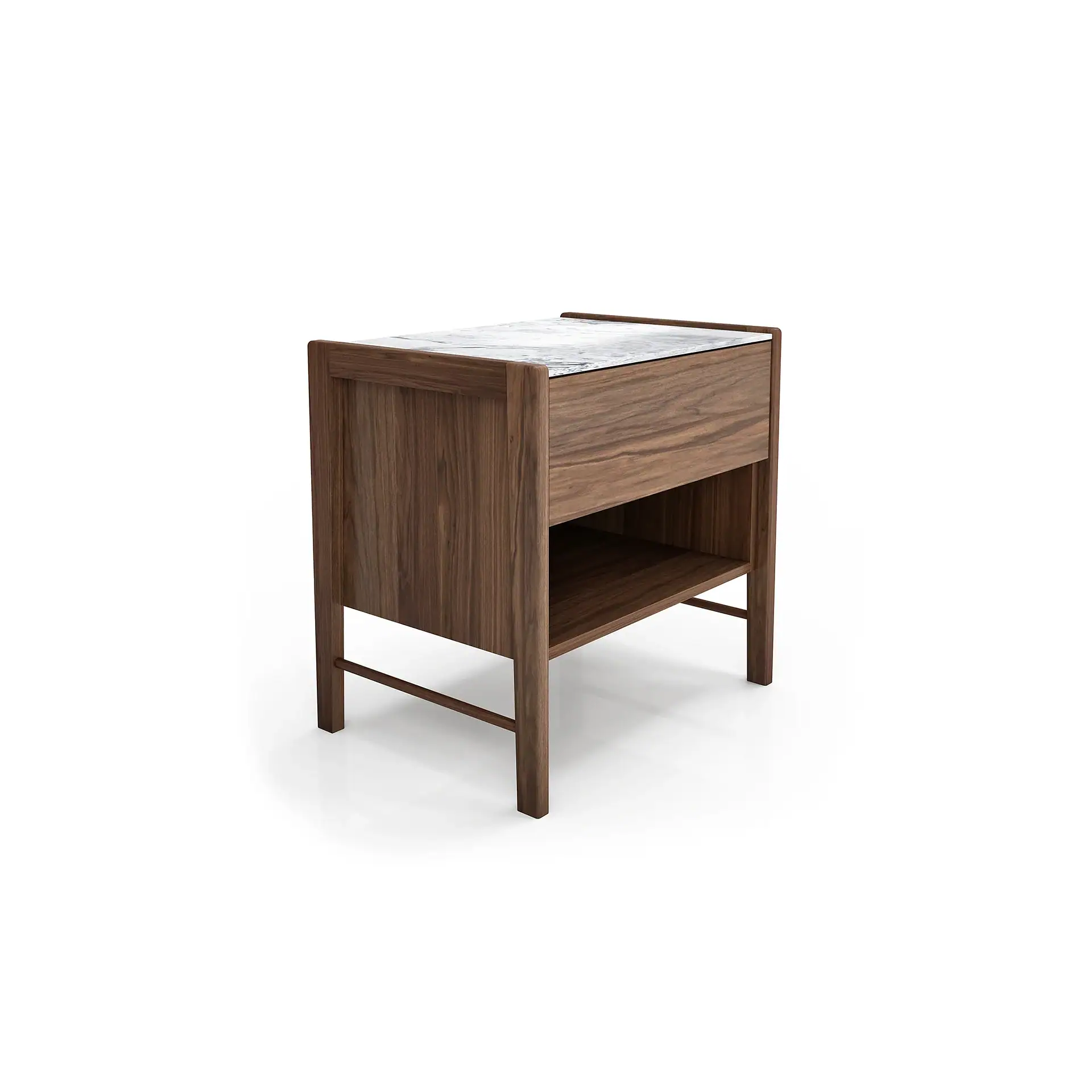 A dark brown wooden nightstand with a white marble top, a single drawer, and an open shelf, on a white background.