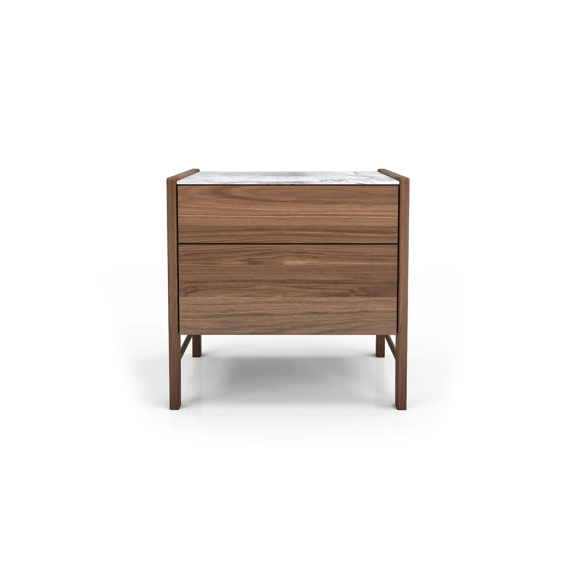 A modern dark wood nightstand with two drawers and a white marble top, on a white background.