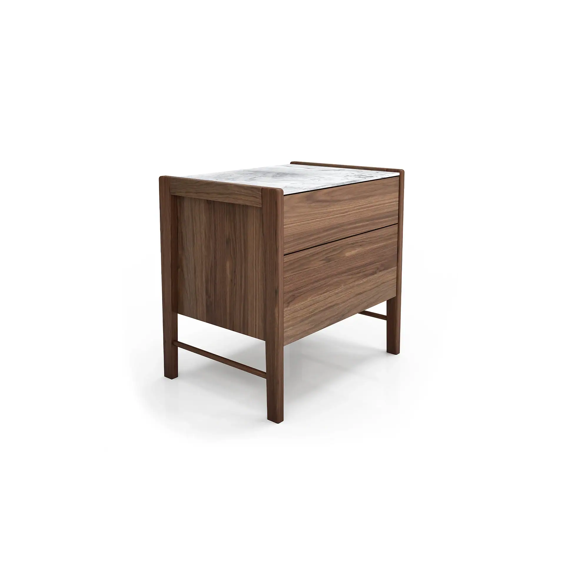 A modern dark brown wooden nightstand with two drawers and a light marble top, shown on a white background.