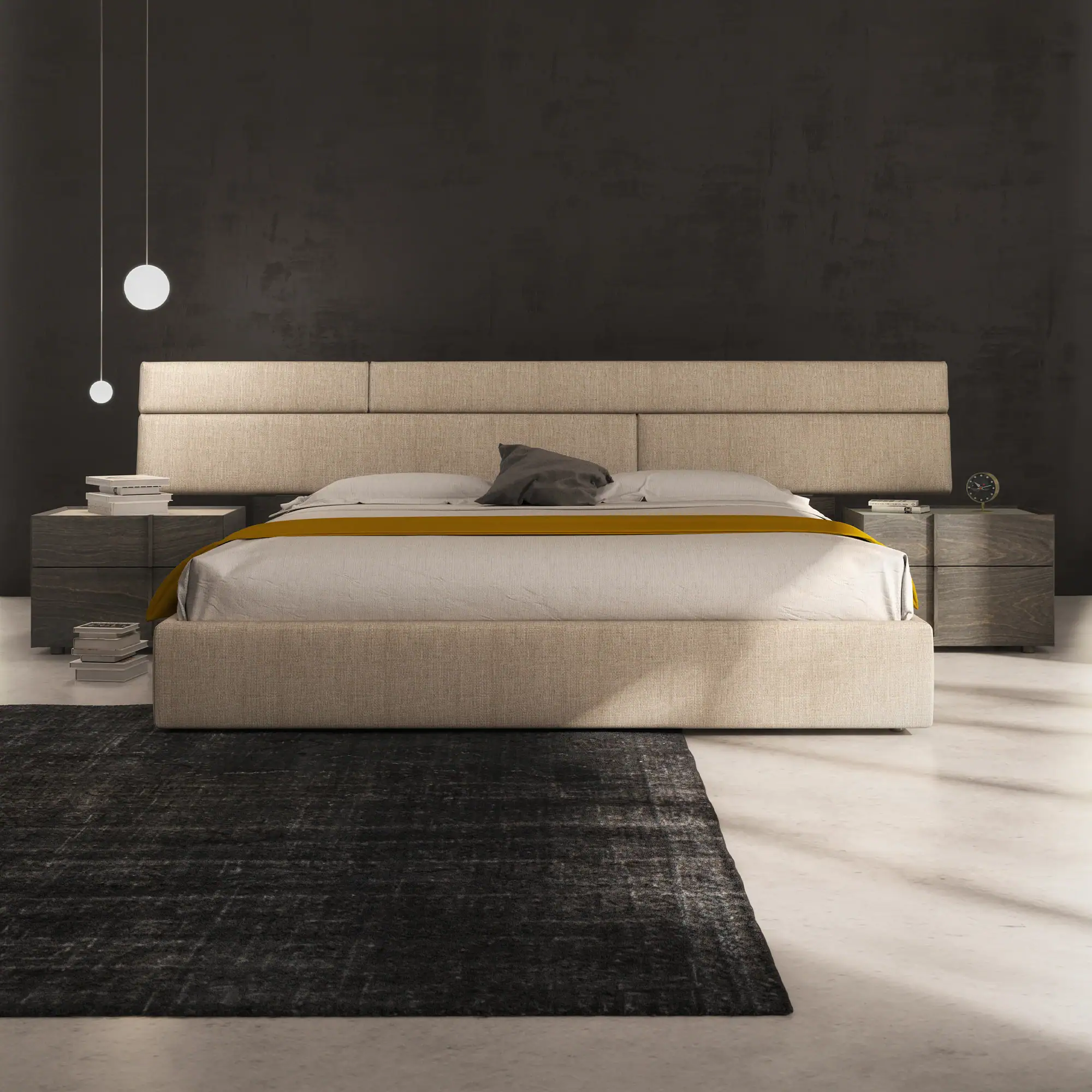 A modern bedroom with a beige upholstered bed, dark wood nightstands, and spherical pendant lights against a dark textured wall.