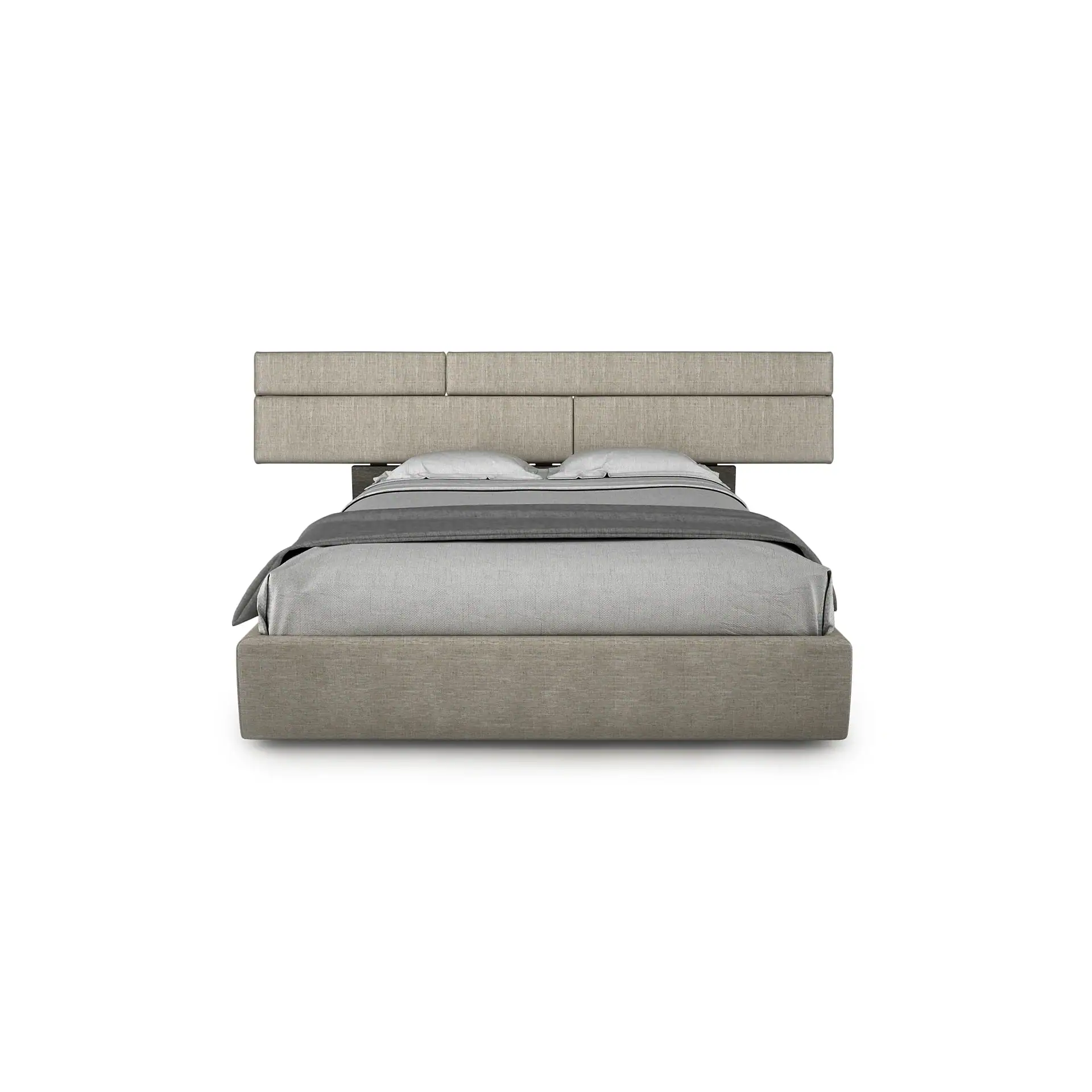 A modern upholstered bed with a segmented beige headboard and grey bedding, including two pillows and a throw blanket, on a white background.