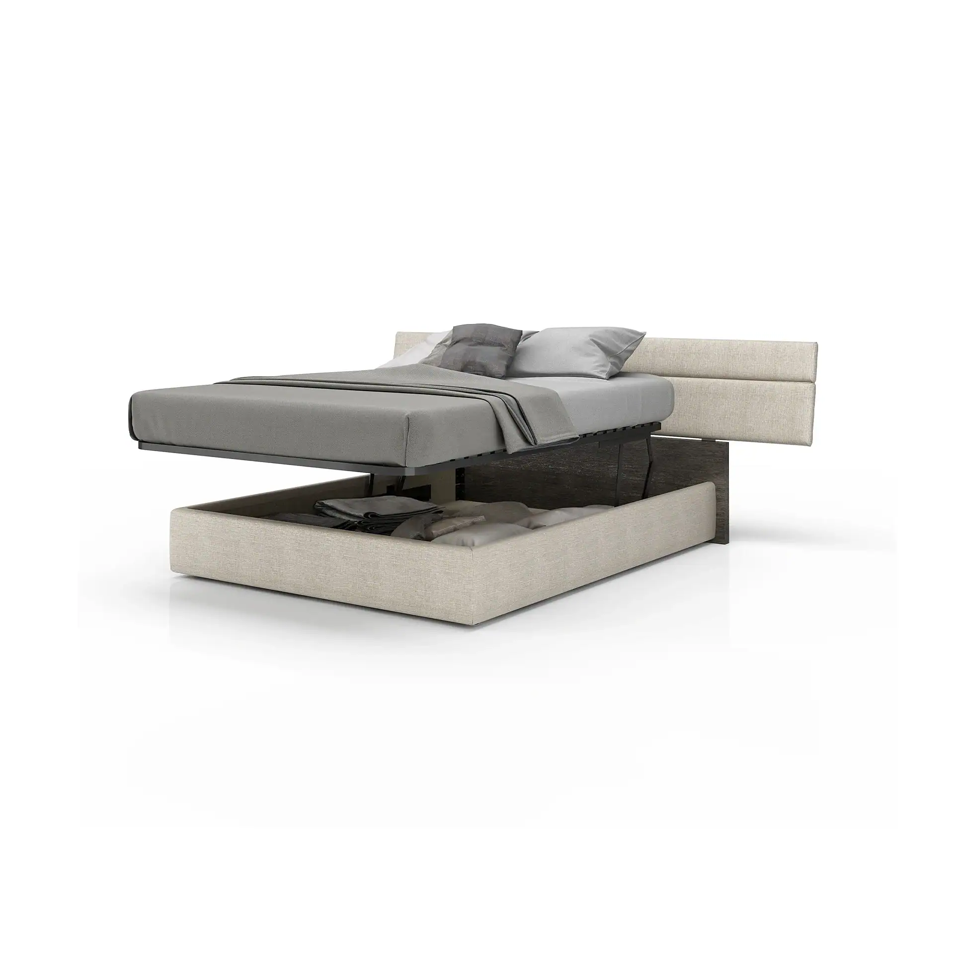 A modern bed with a light beige upholstered frame and headboard. The grey mattress is lifted, revealing a storage compartment filled with grey textiles and pillows underneath.