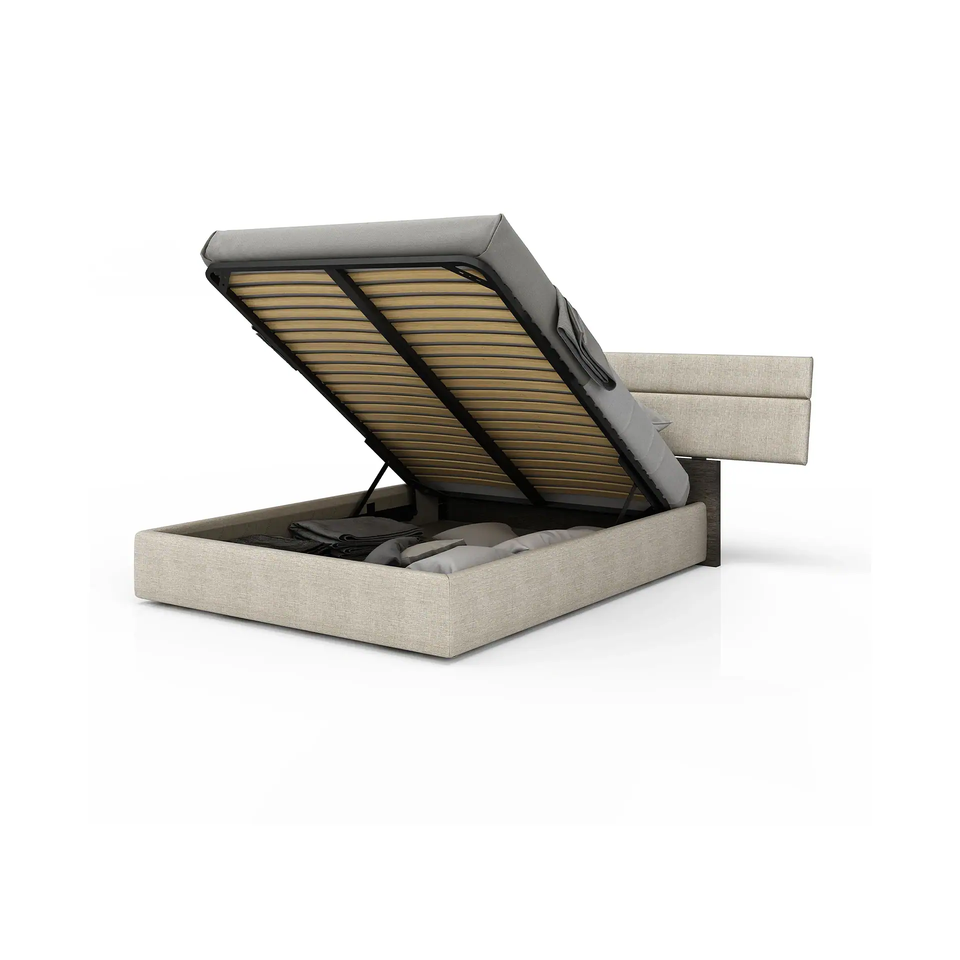 An upholstered bed with a beige fabric frame and headboard. The slatted mattress base is lifted, revealing a storage compartment filled with grey blankets and white pillows.