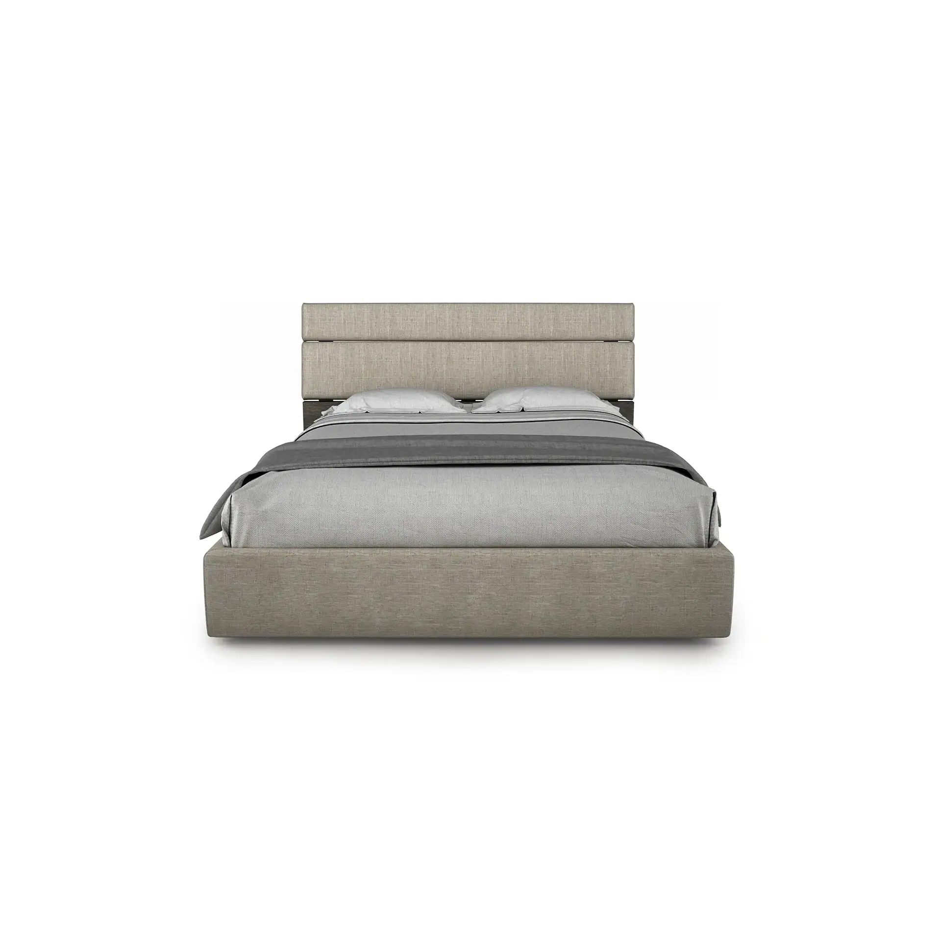A modern bed with a light beige fabric frame and a headboard with three horizontal fabric panels. The bed is made with light gray bedding and a dark gray throw blanket.