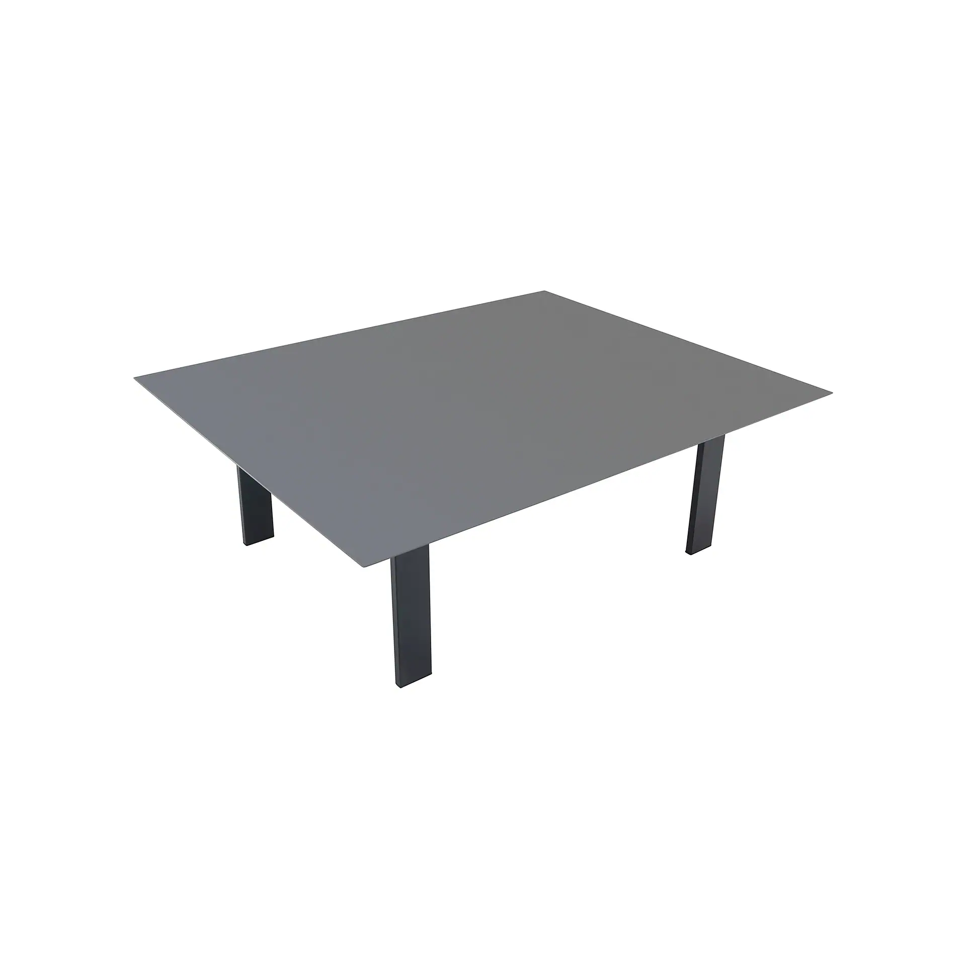 A dark grey rectangular table with four dark grey rectangular legs, set against a white background.