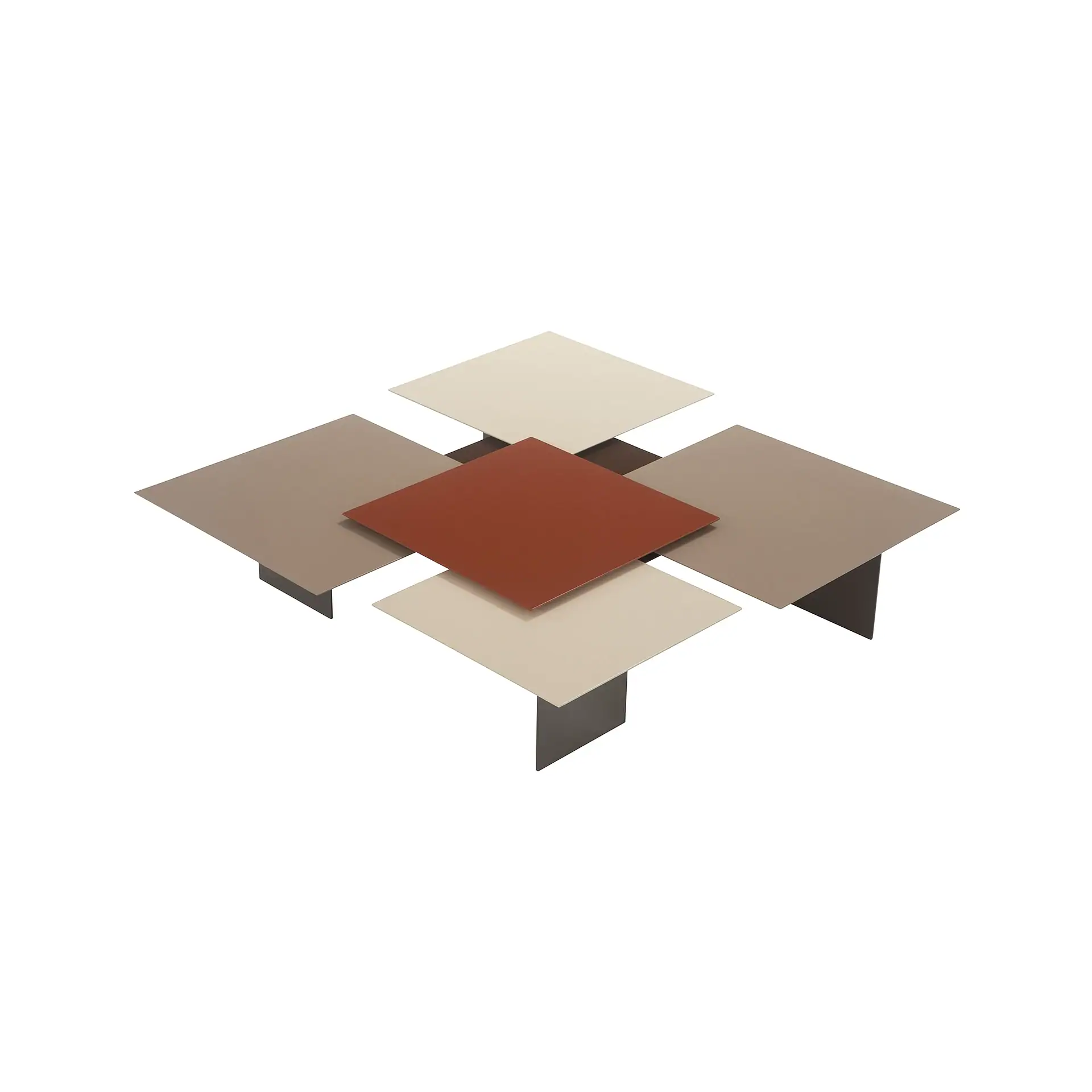 Five square panels in terracotta, beige, and taupe arranged geometrically in a cross pattern on a white background.