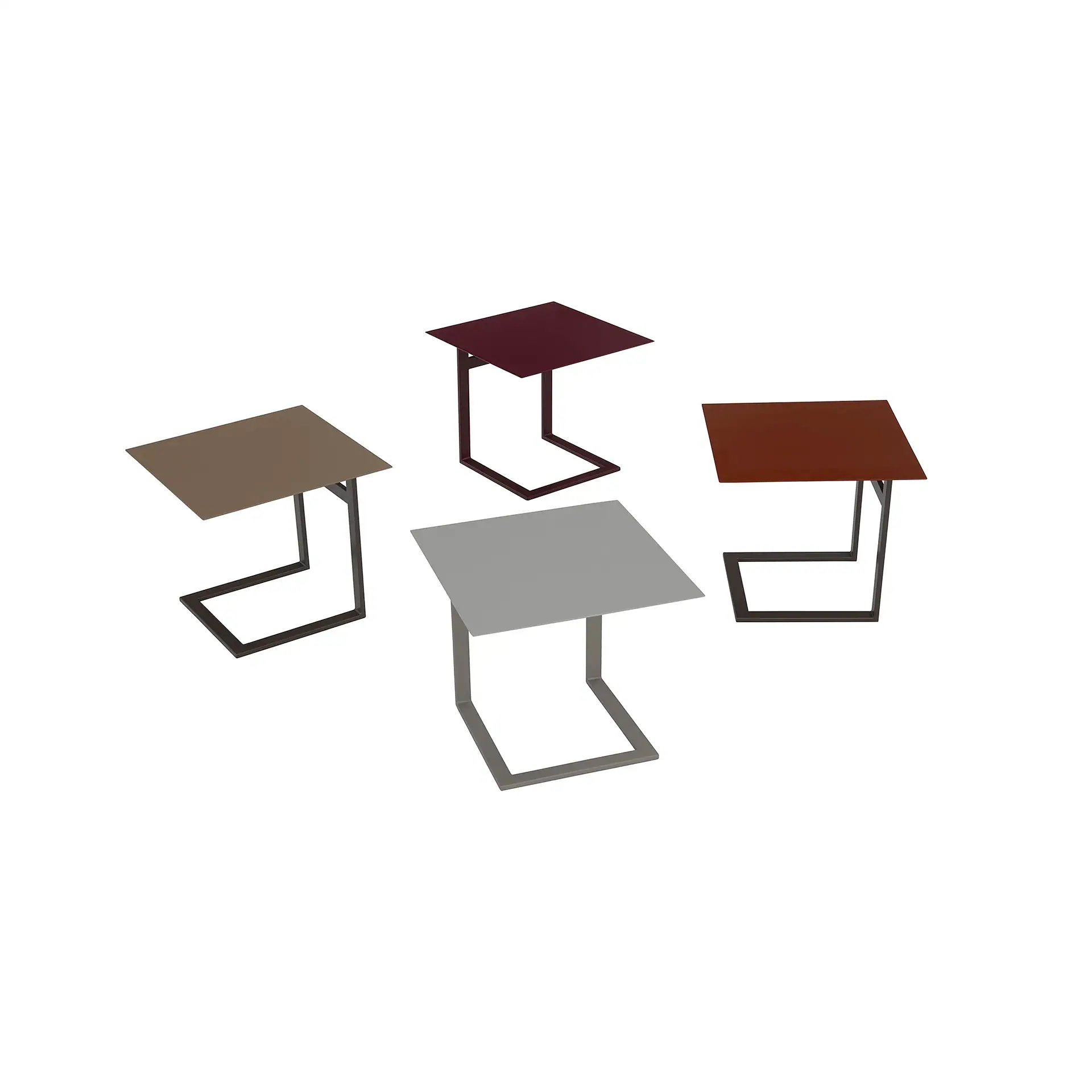 Four C-shaped side tables in taupe, burgundy, light gray, and rust colors, arranged on a white background.
