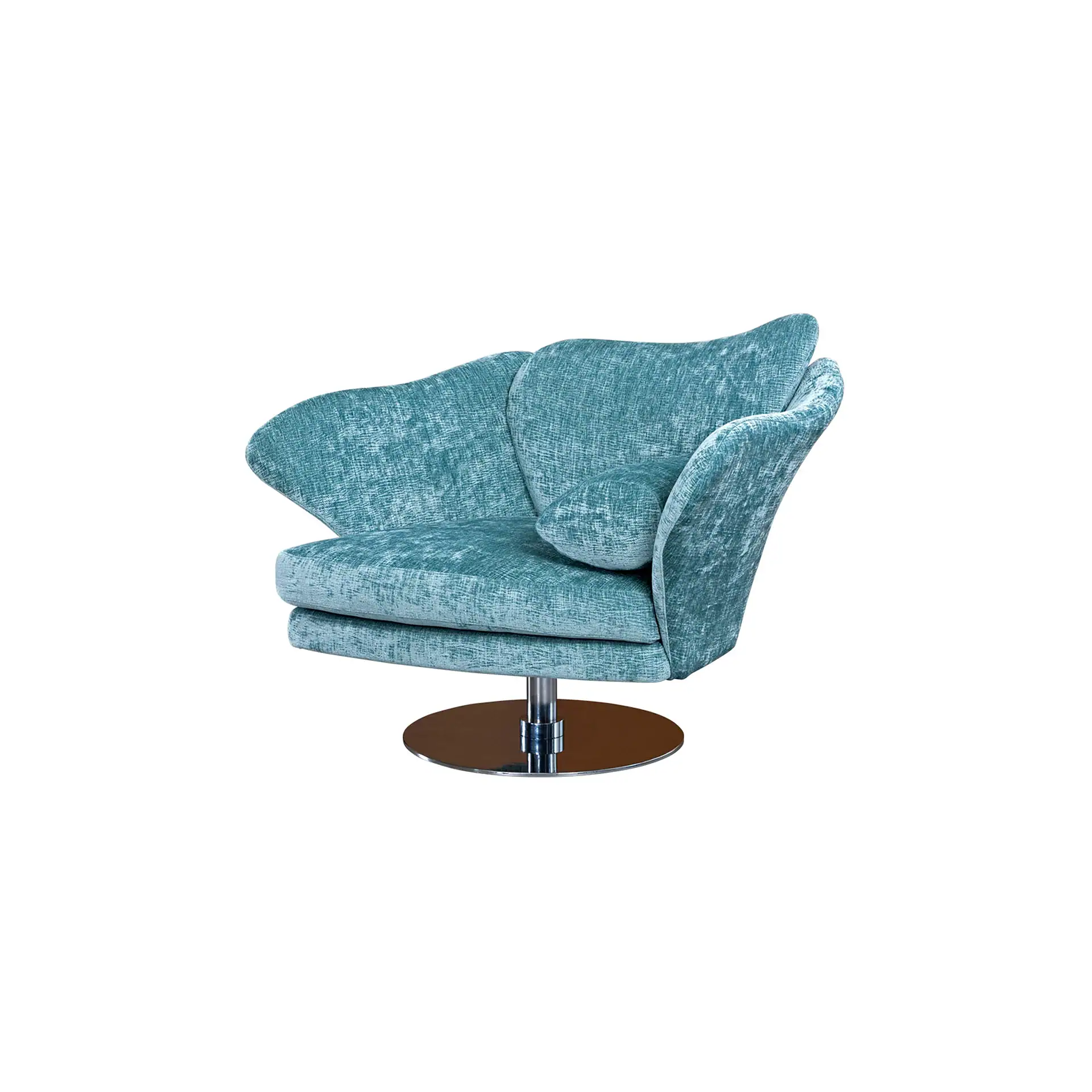 A modern teal armchair with a textured fabric and a polished chrome swivel base, set against a white background.