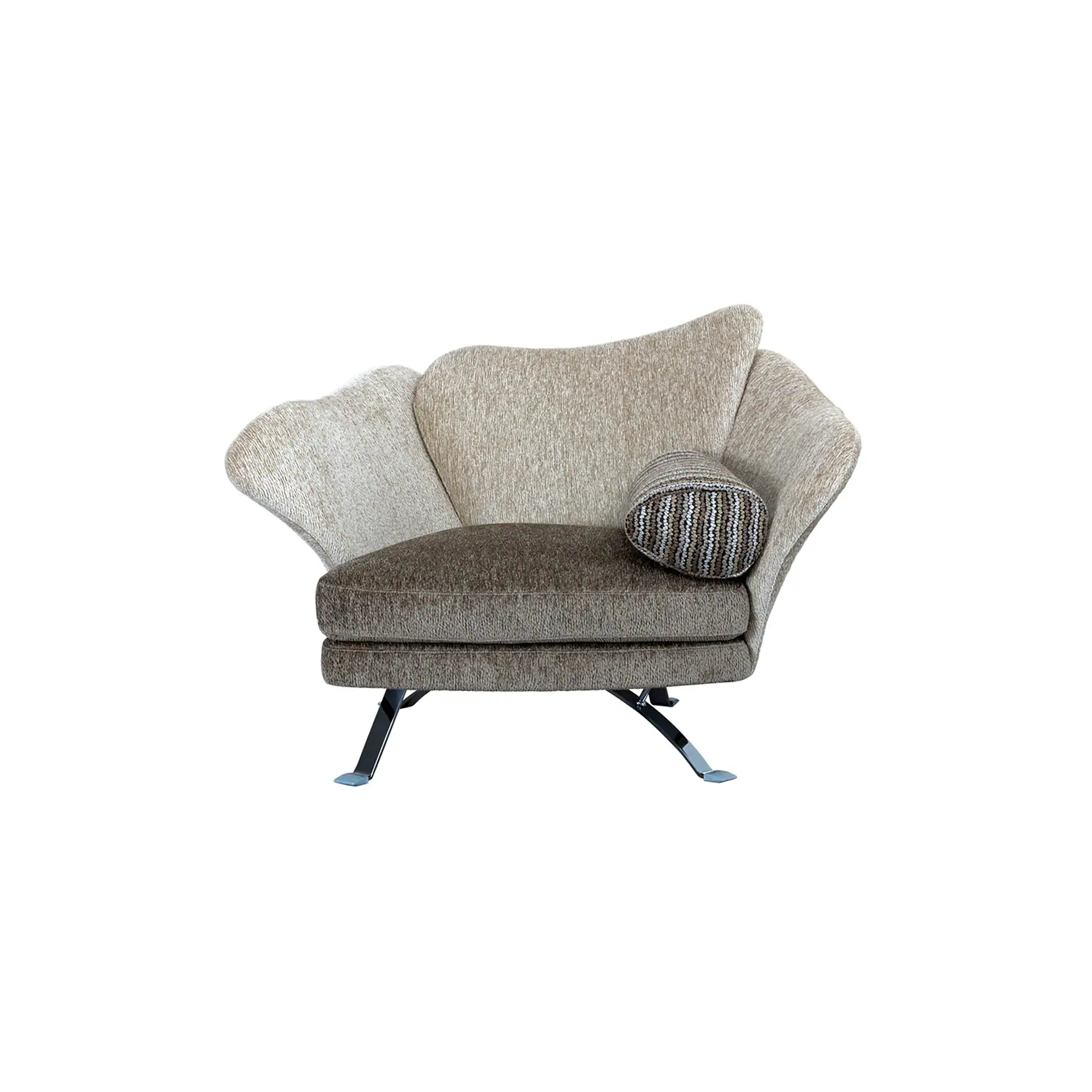 A modern two-tone armchair with a curved beige backrest, dark brown seat, and a striped bolster pillow, set against a white background.