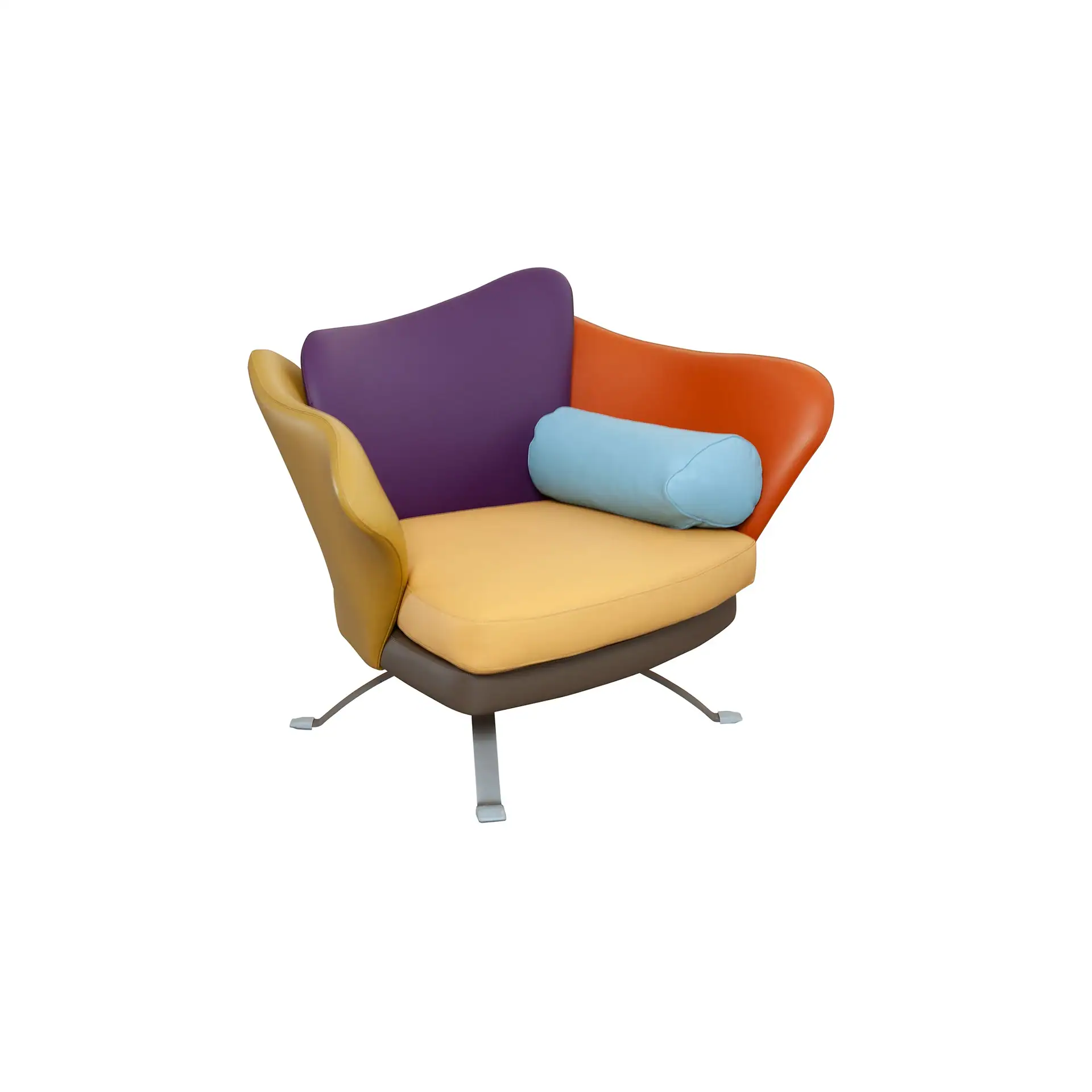 A modern armchair with a purple back, orange and yellow armrests, a yellow seat, and a light blue bolster pillow, on a white background.
