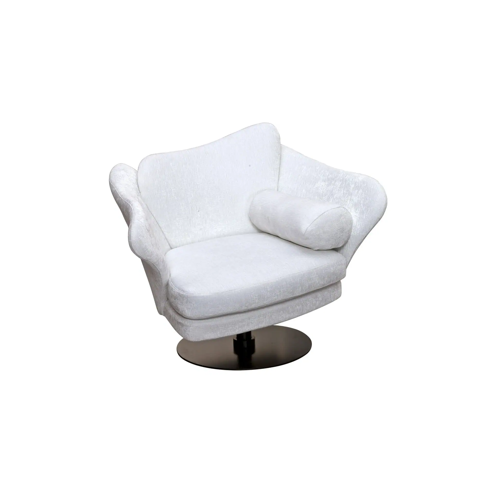 A white armchair with wavy back and armrests, a bolster pillow, and a black round swivel base.