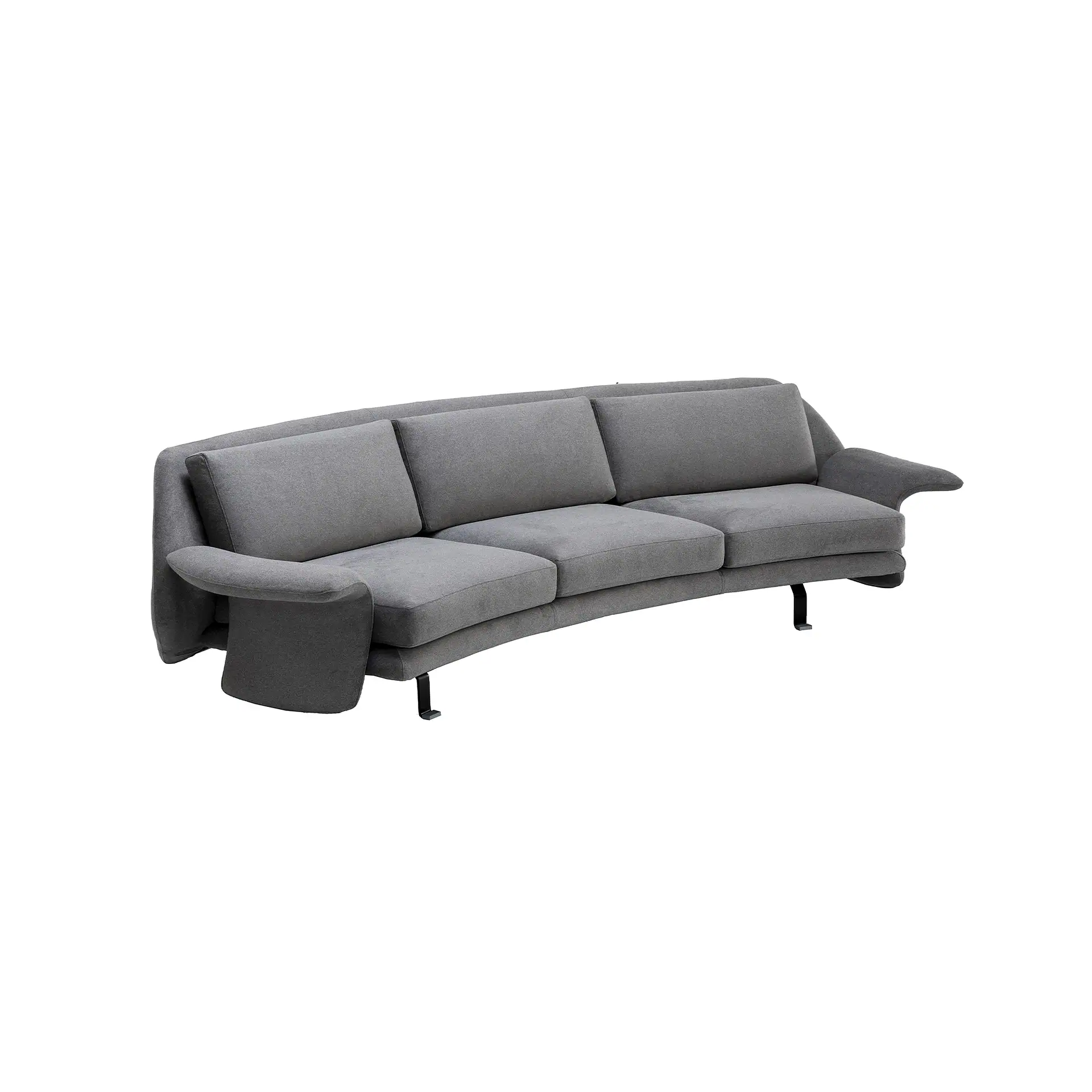 A modern, curved three-seater sofa in light gray fabric with black metal legs, against a white background.