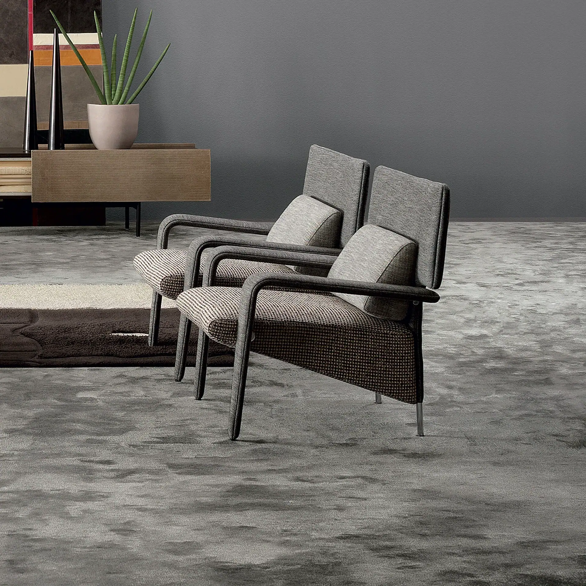 Two modern armchairs with grey and patterned upholstery, a snake plant on a console, and a grey rug in a minimalist room.