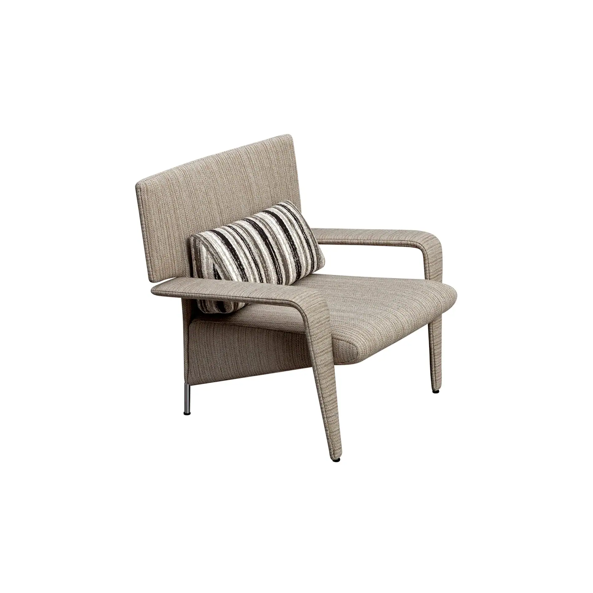 A modern light beige armchair with a striped lumbar pillow on a white background.