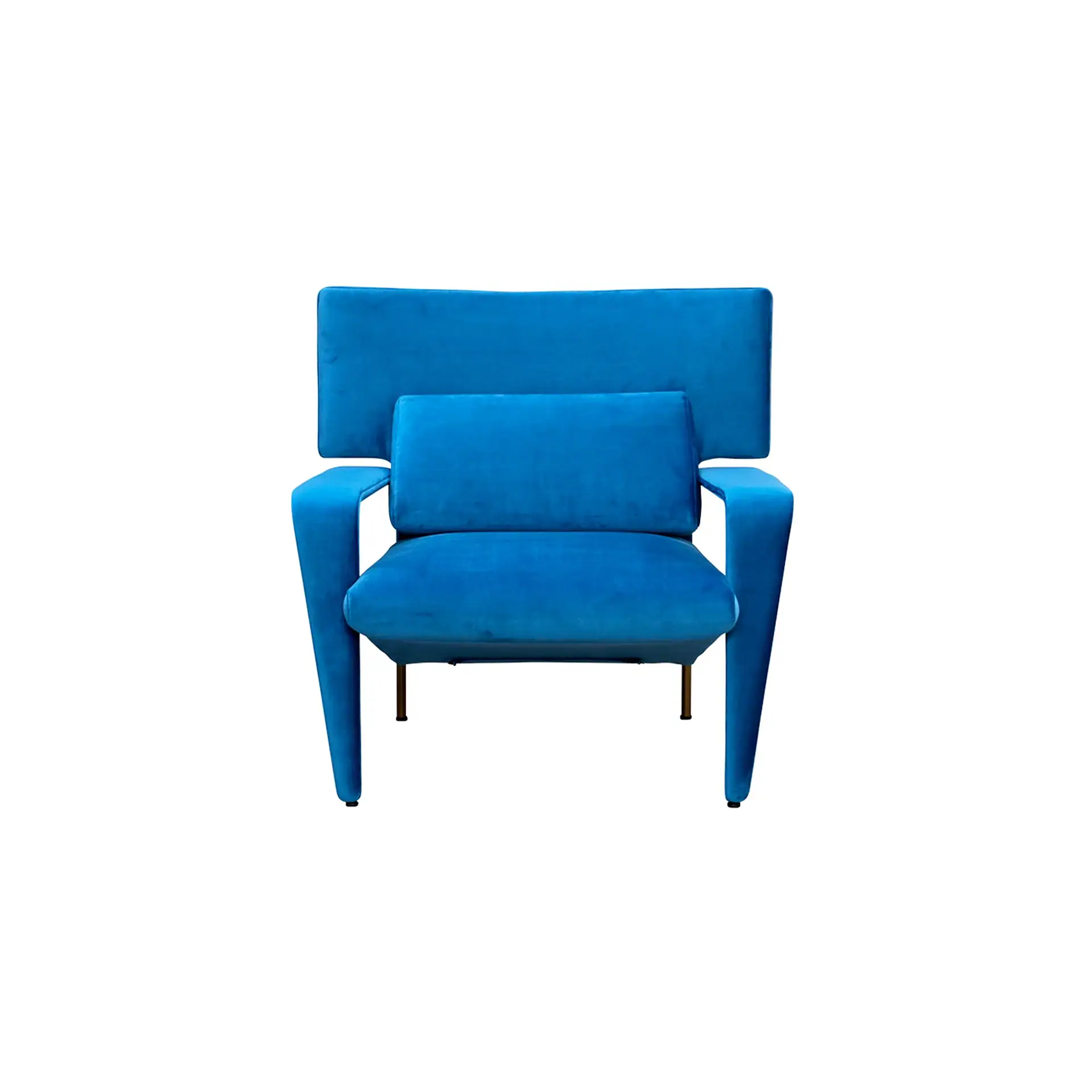 A modern armchair upholstered in deep blue velvet, featuring a wide backrest, a lumbar pillow, broad armrests, and slender golden legs, set against a white background.