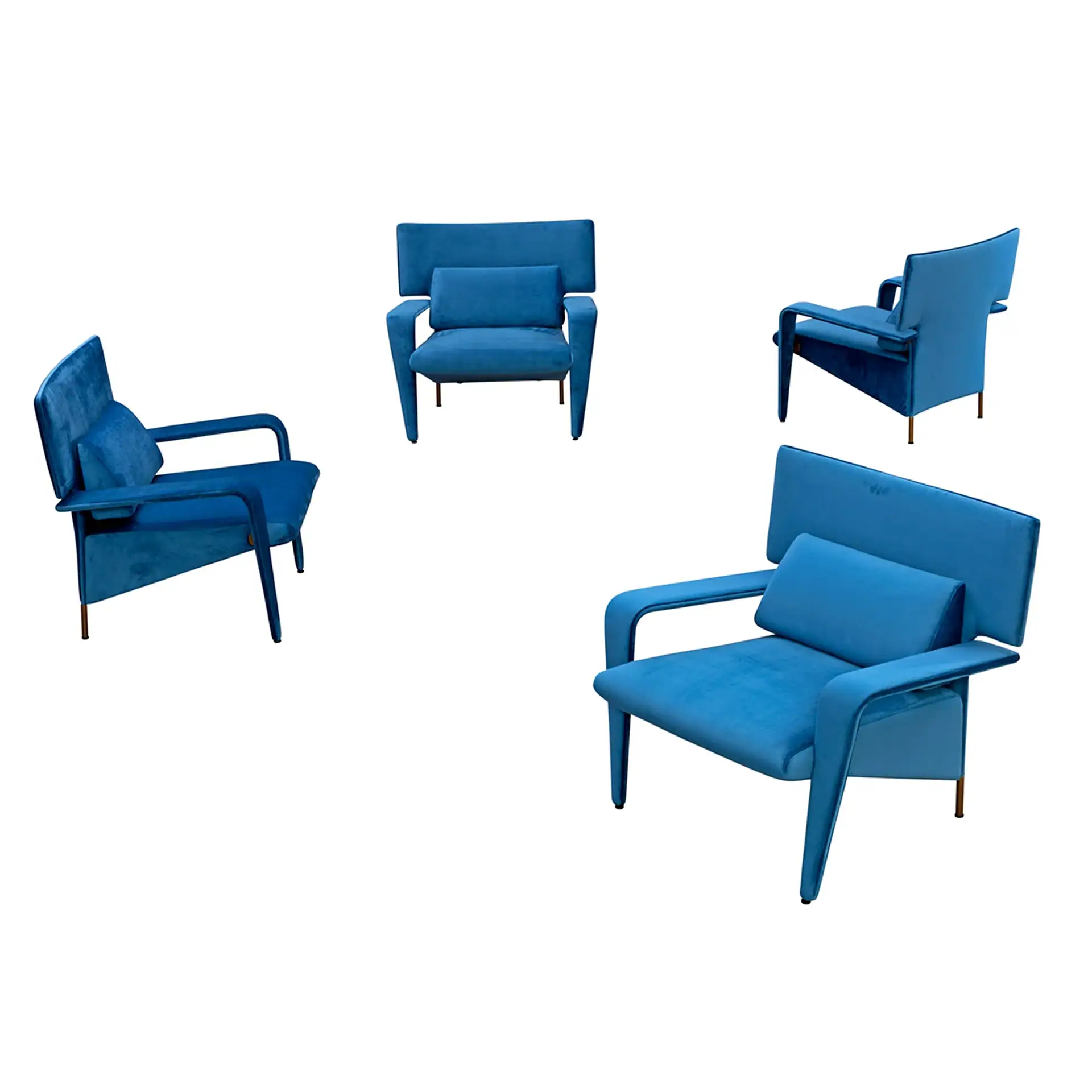 Four different views of a modern blue velvet armchair with a lumbar pillow, on a white background.