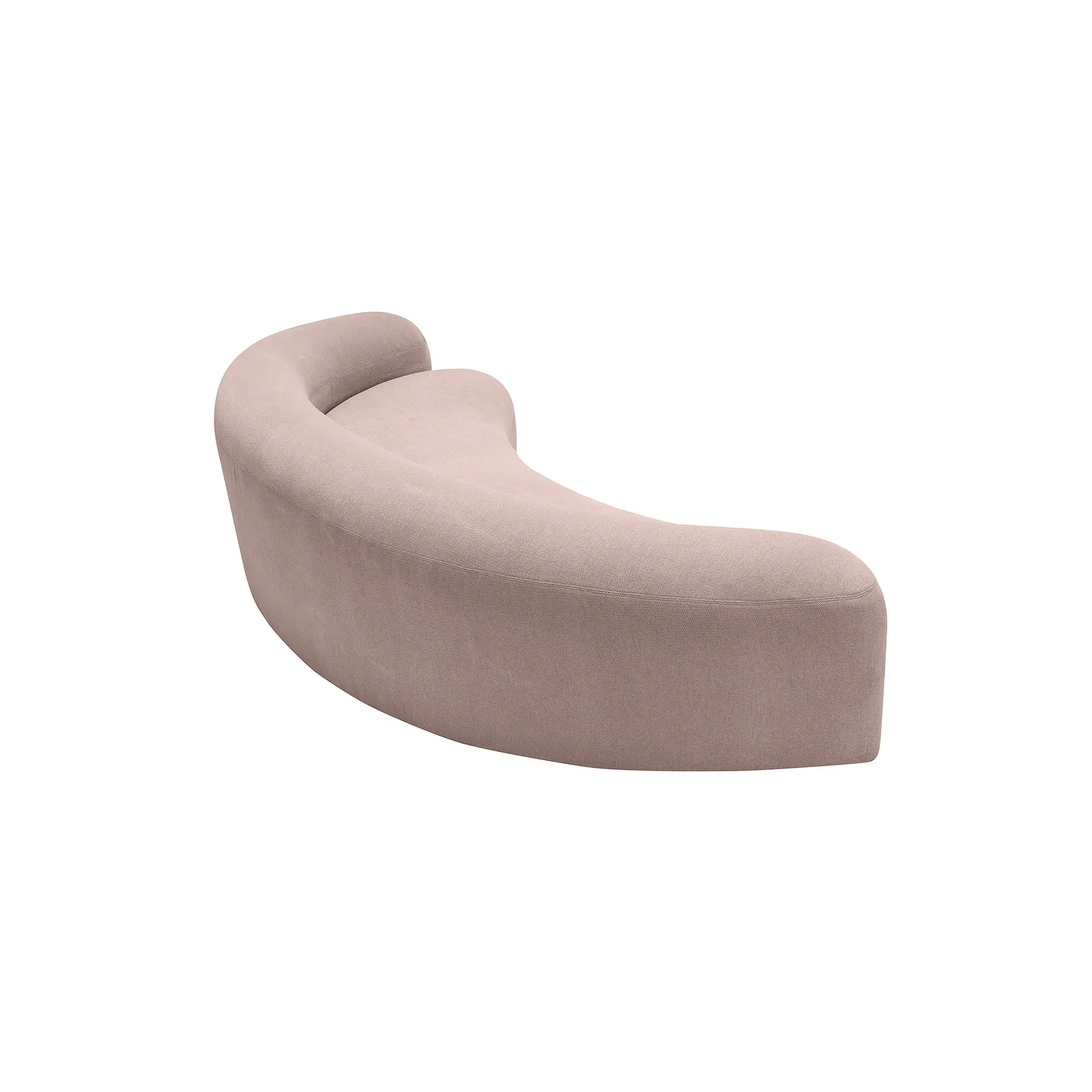 A light pink, curved, crescent-shaped sofa with a low backrest, isolated on a white background.