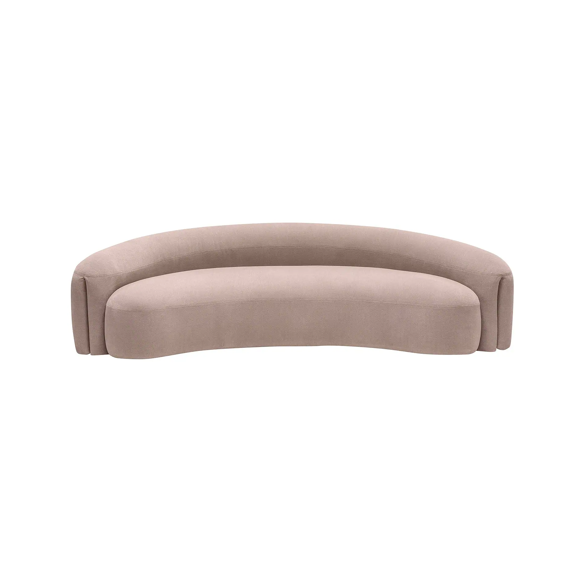 A light pink or beige curved sofa with a textured fabric and fluted armrests, set against a white background.