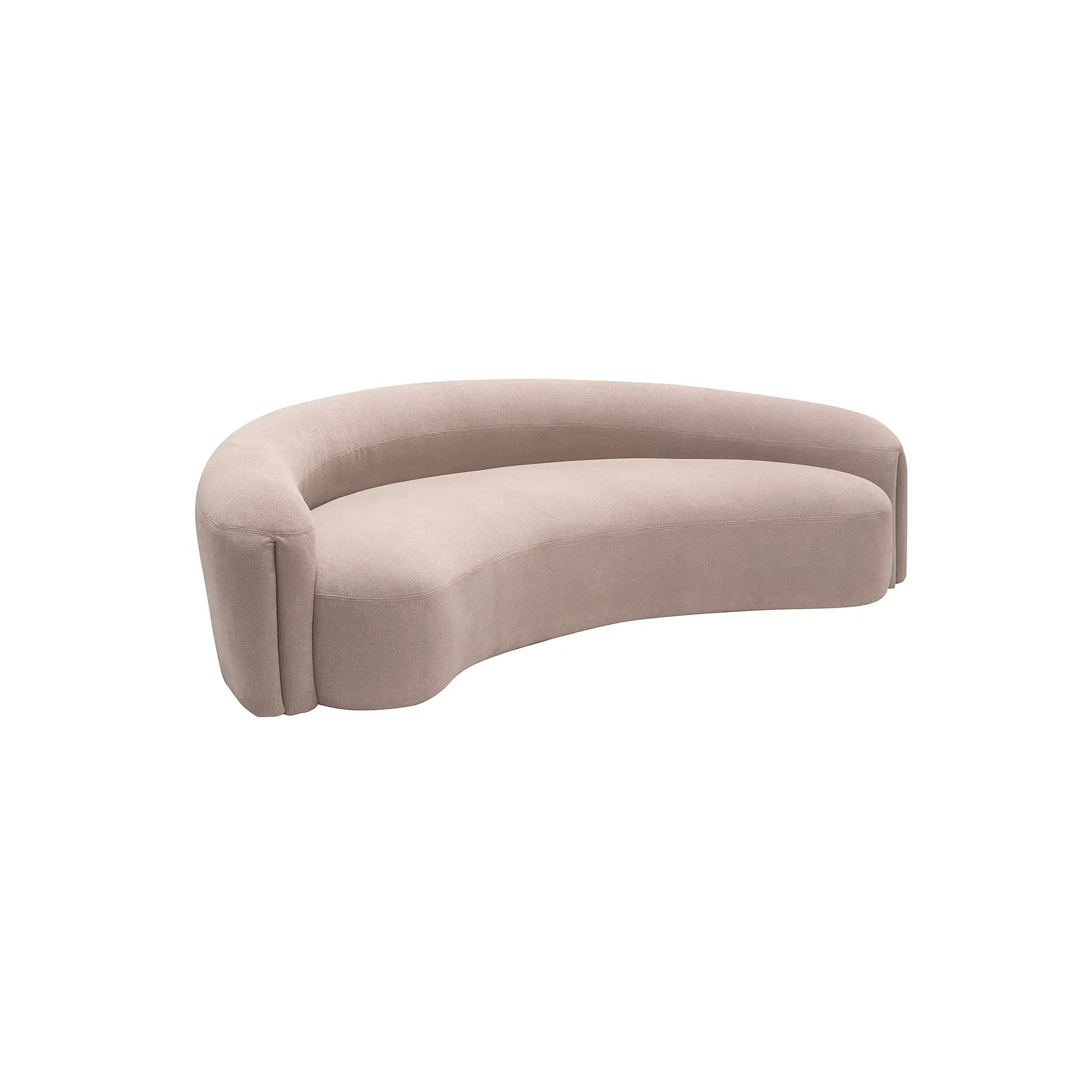 A modern, curved light beige sofa with a continuous backrest and seat, set against a white background.