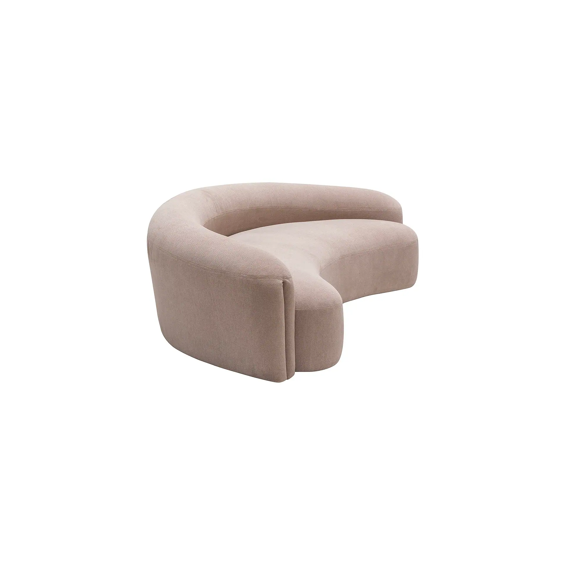 A light brown, curved, upholstered sofa on a white background.