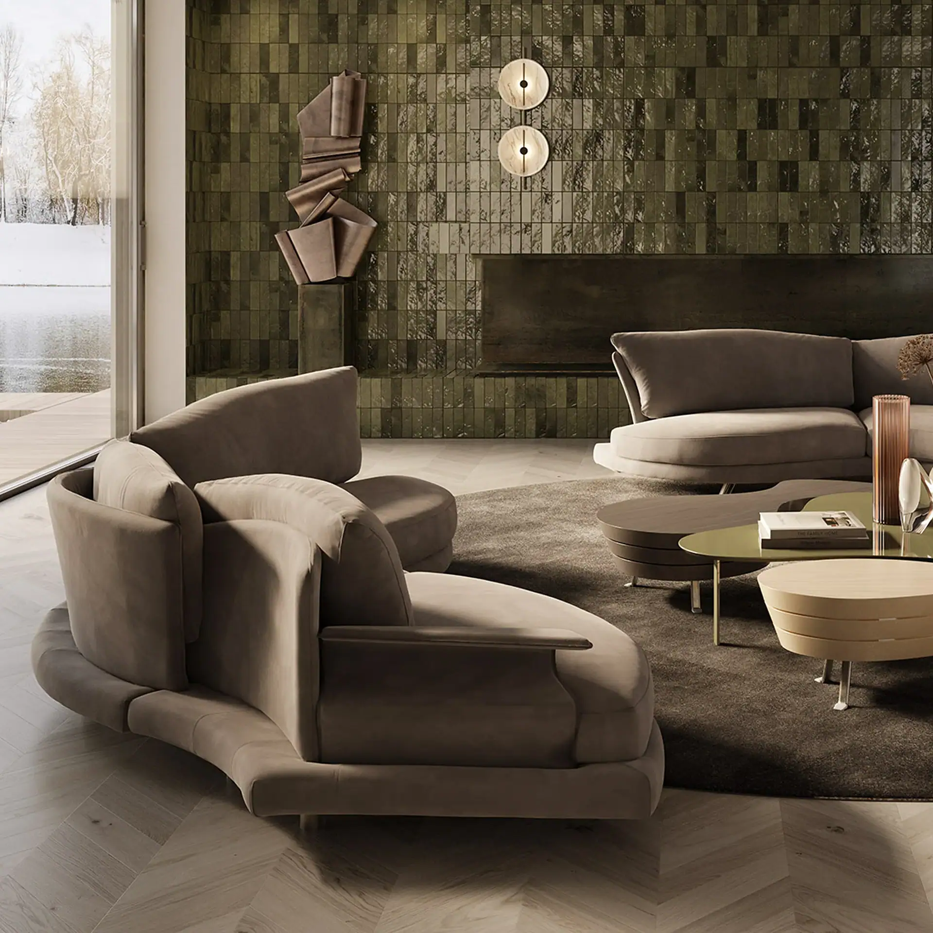 A modern living room with two Super Roy Modular Curved Sofas, multiple coffee tables, a dark green tiled wall with abstract art, and large windows overlooking a snowy landscape.