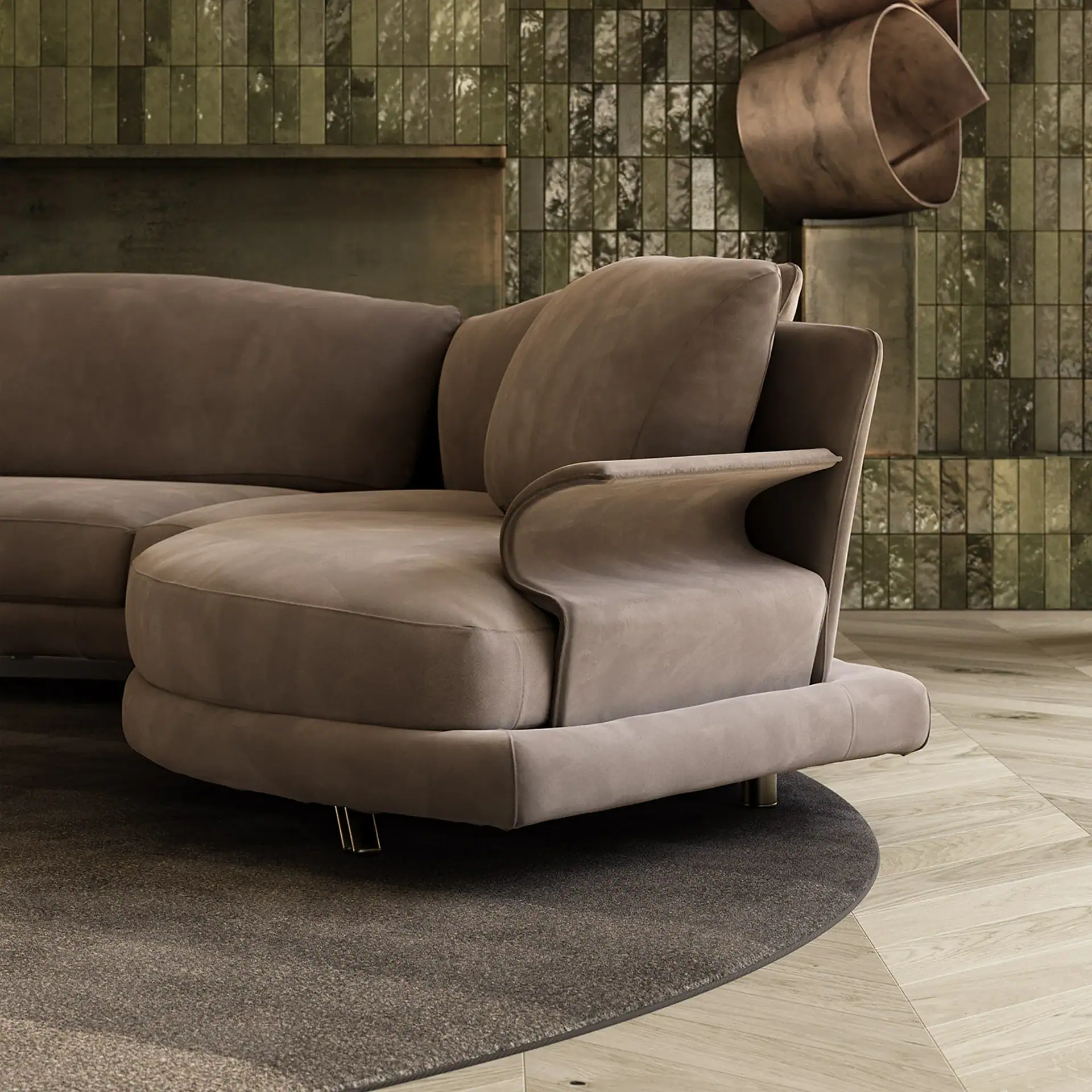 Super Roy Modular Curved Sofa with a unique armrest, placed on a dark gray rug over a light wood floor. The background features a wall with glossy green rectangular tiles and a metallic abstract sculpture.