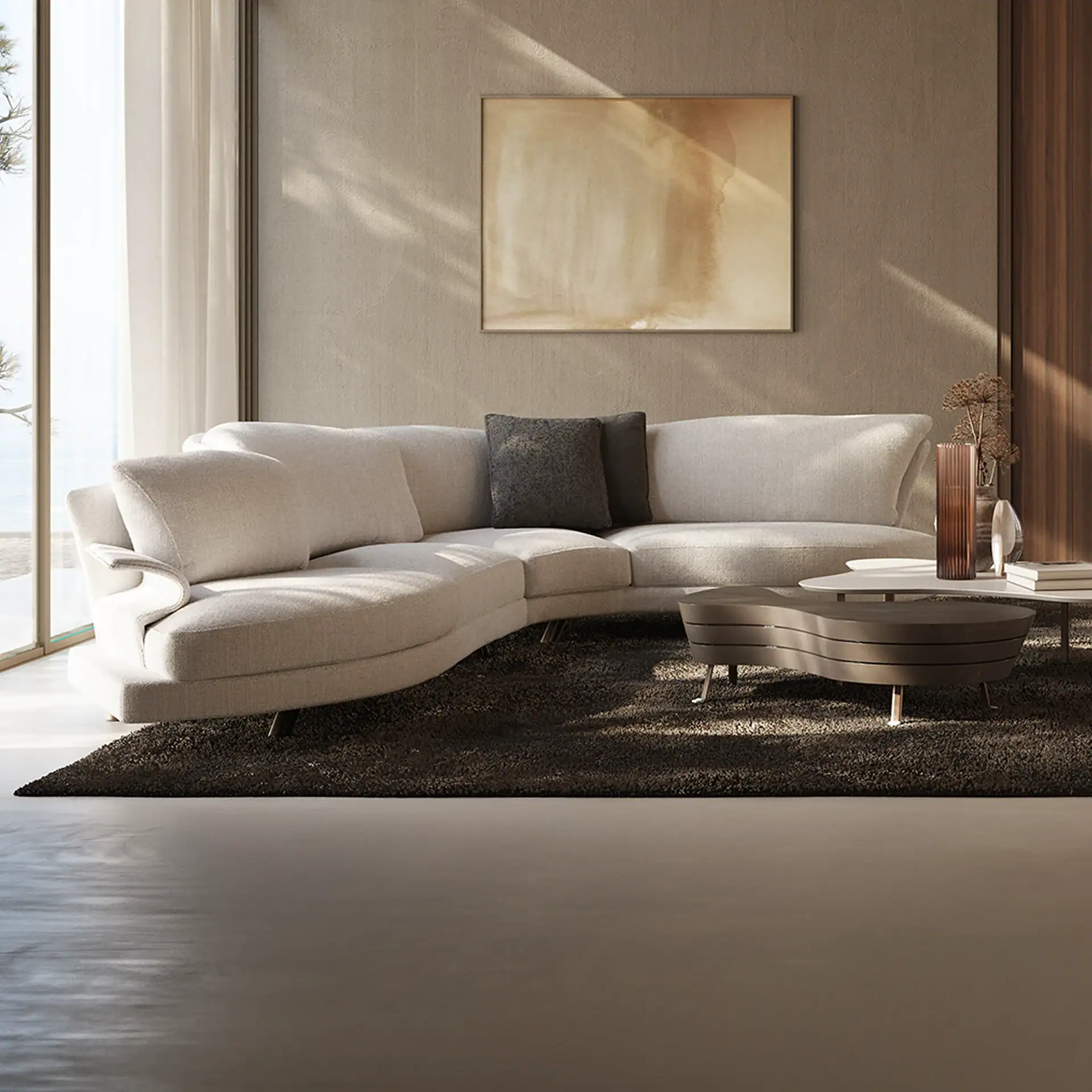 A modern living room with Super Roy Modular Curved Sofa, two coffee tables, and an abstract painting on a textured wall. Sunlight streams through a large window, casting shadows on the dark shaggy rug. The room has warm, earthy tones.