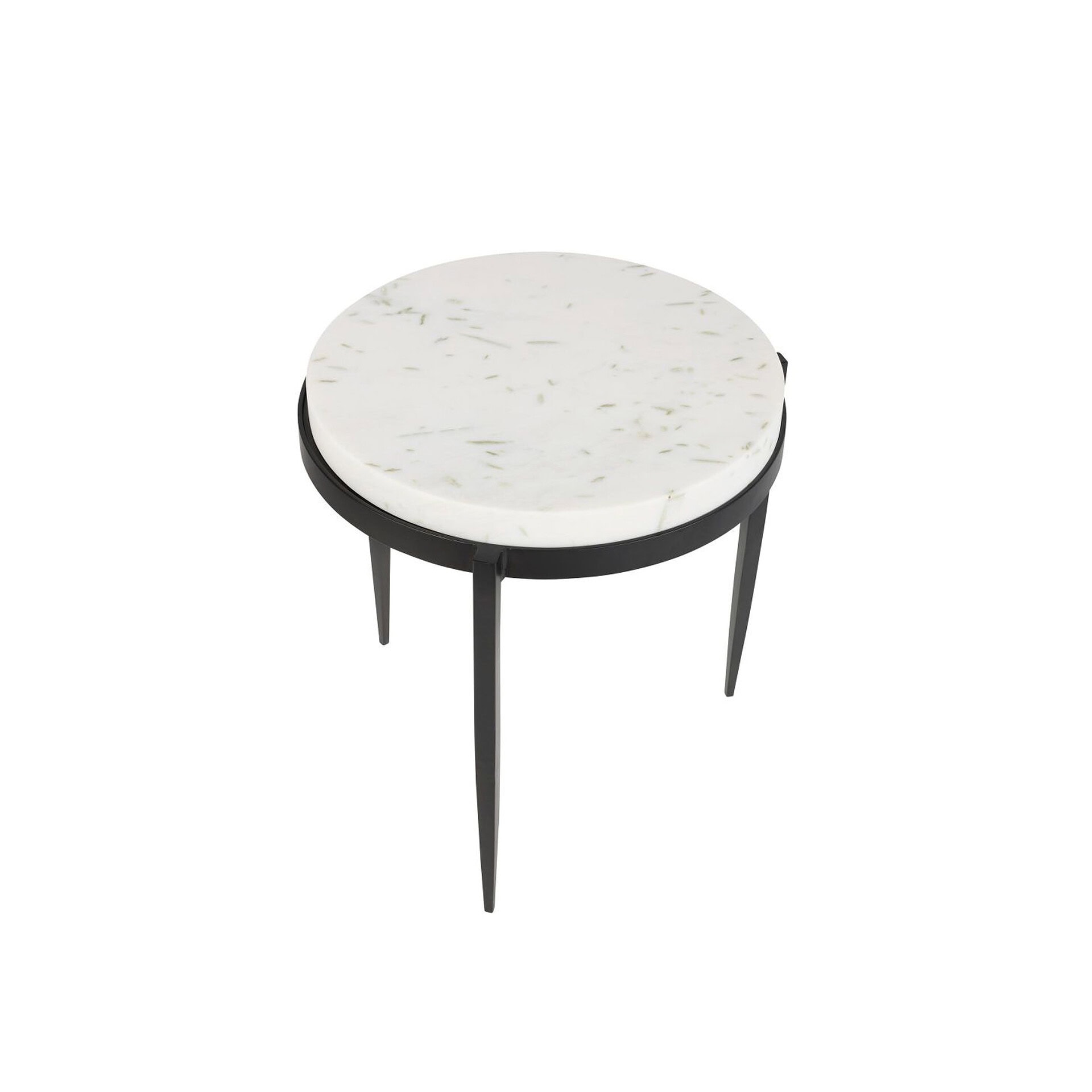 Elegant marble top end table with black legs, perfect for modern living spaces.