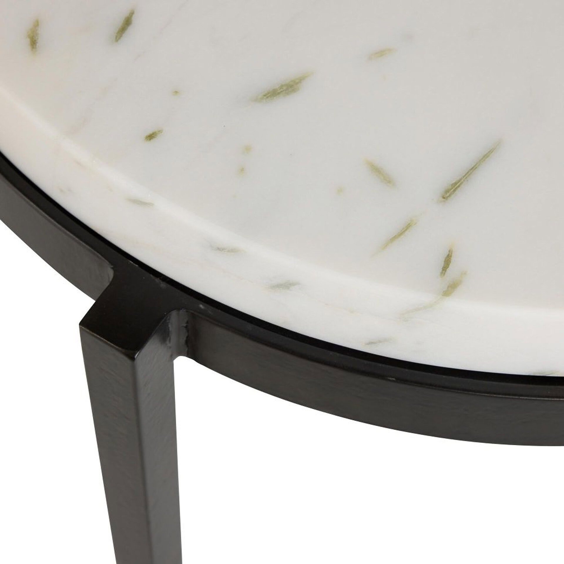 End table with white marble top and black metal legs.