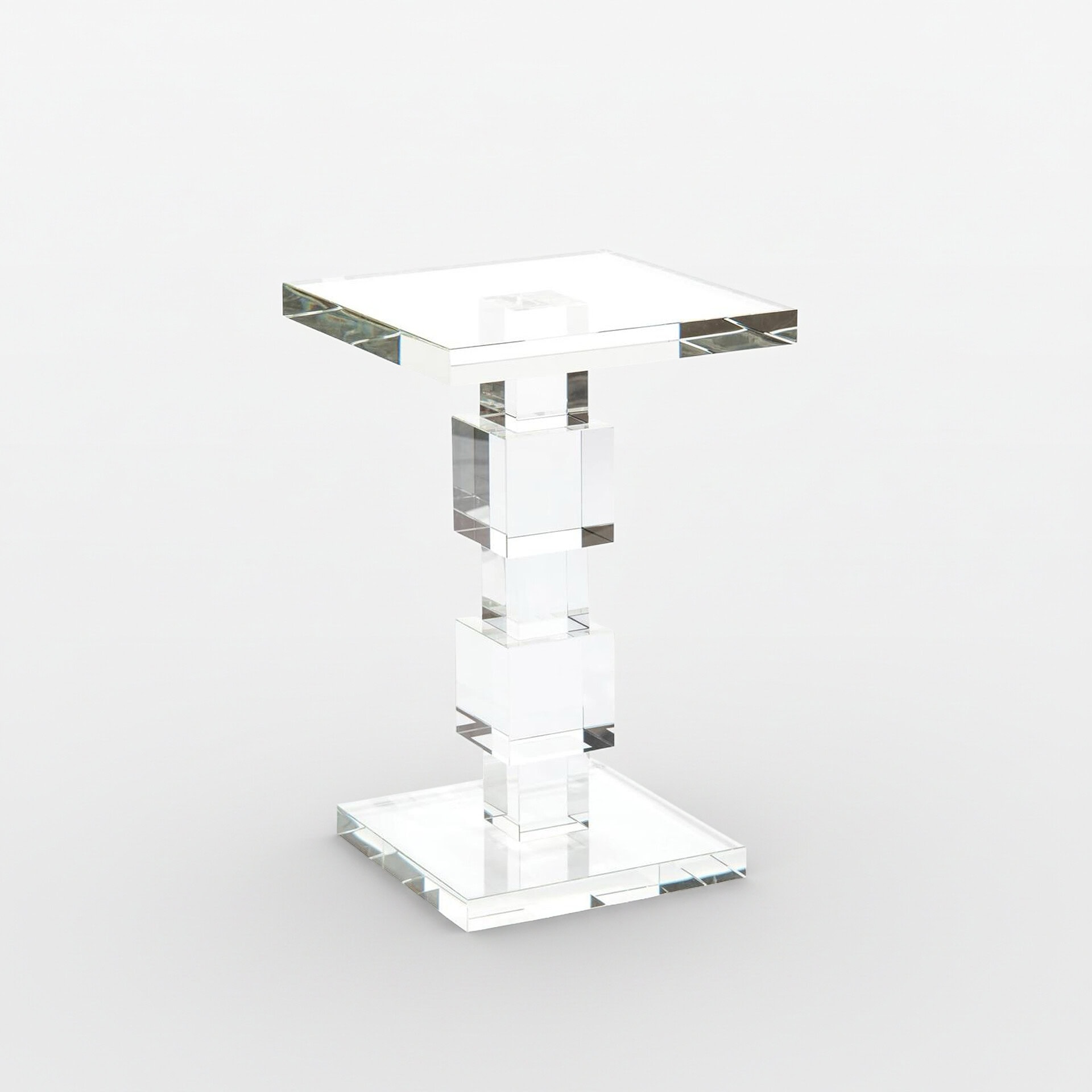 Elegant crystal martini table with modern design and reflective surfaces.