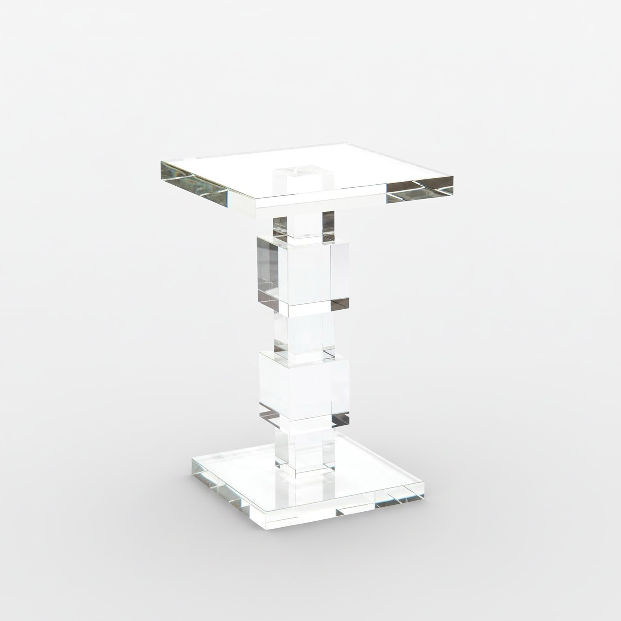 Elegant crystal martini table with modern design and reflective surfaces.